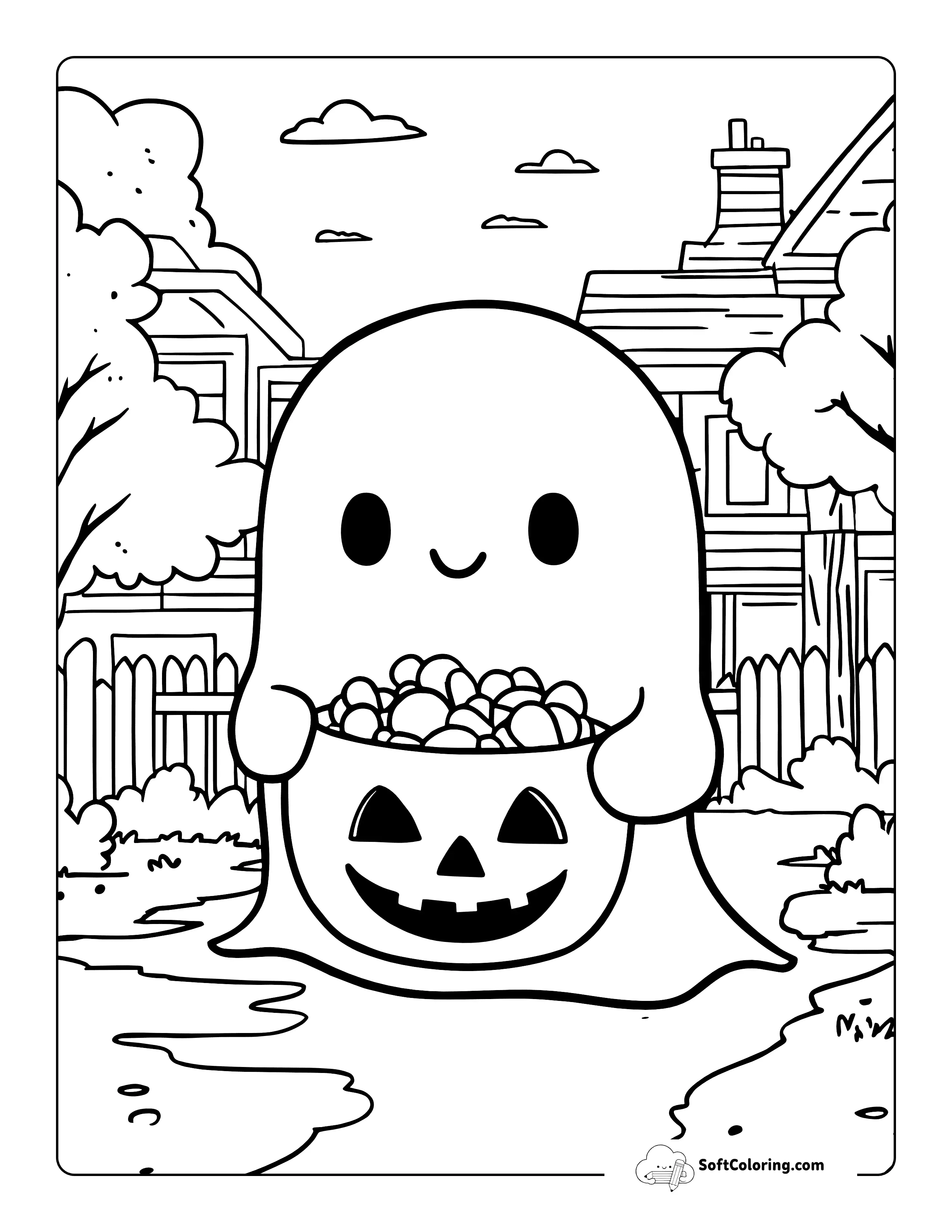 Trick-Or-Treating Halloween Ghost Coloring Page