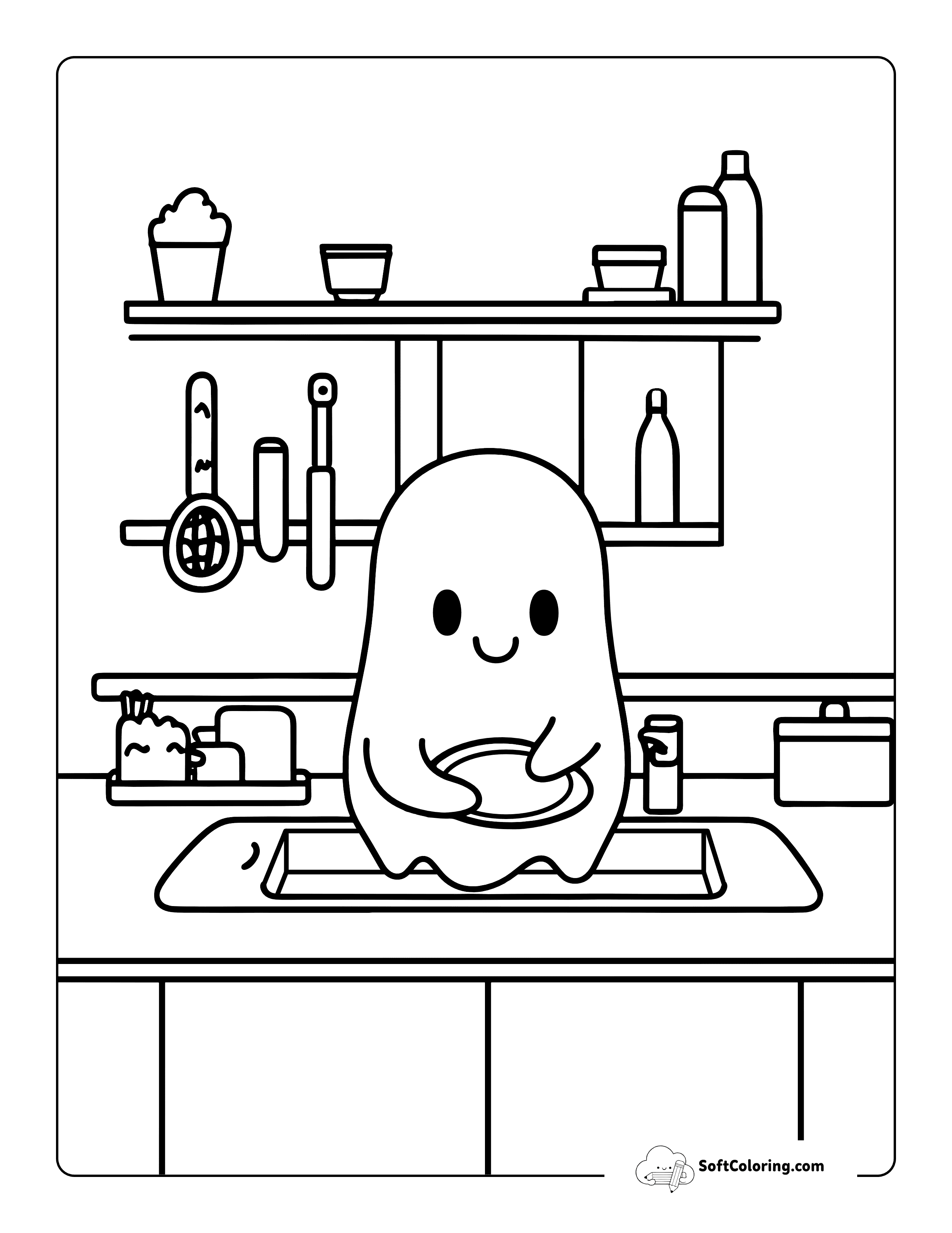 Cute Ghost Doing Dishes Coloring Page