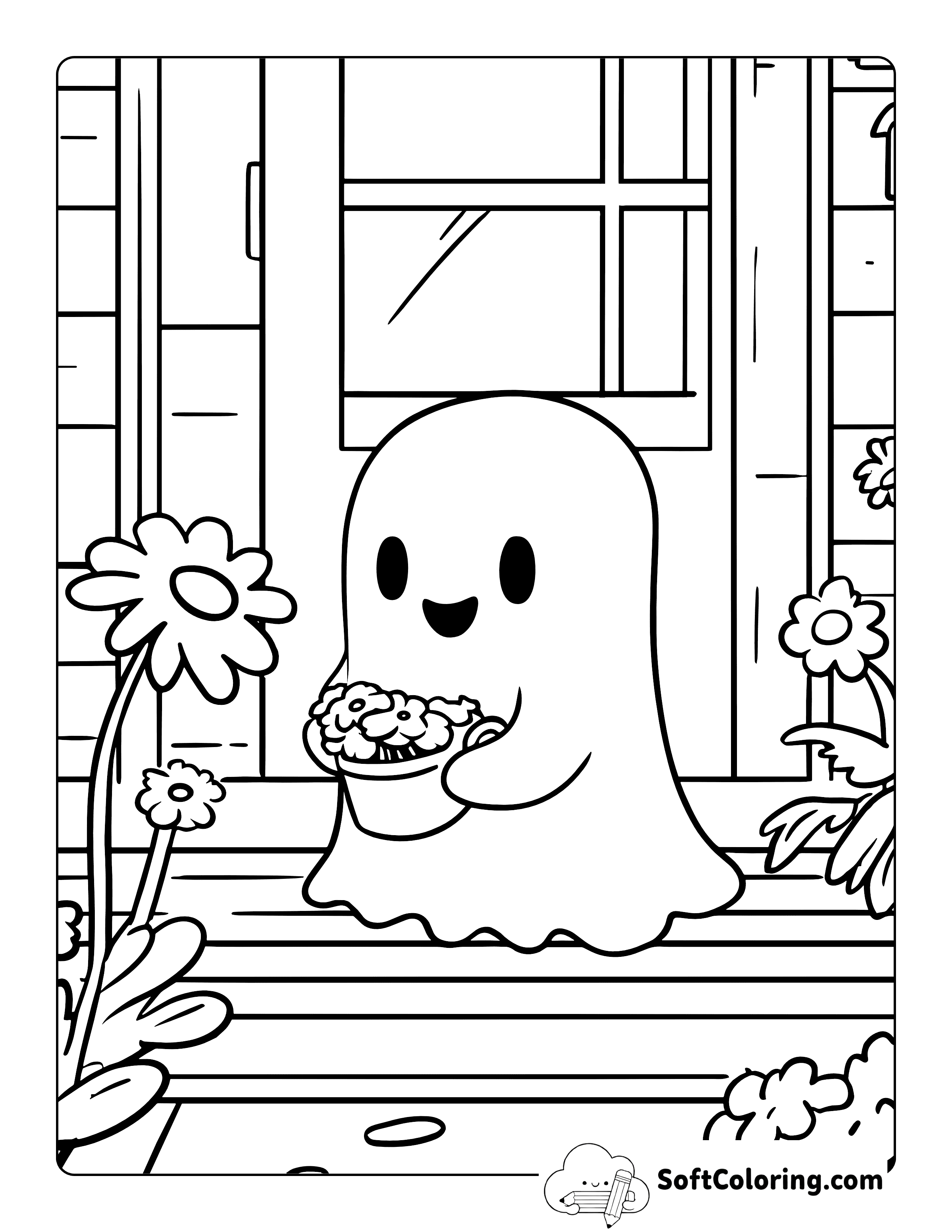 Cute Ghost with Flowers Coloring Page