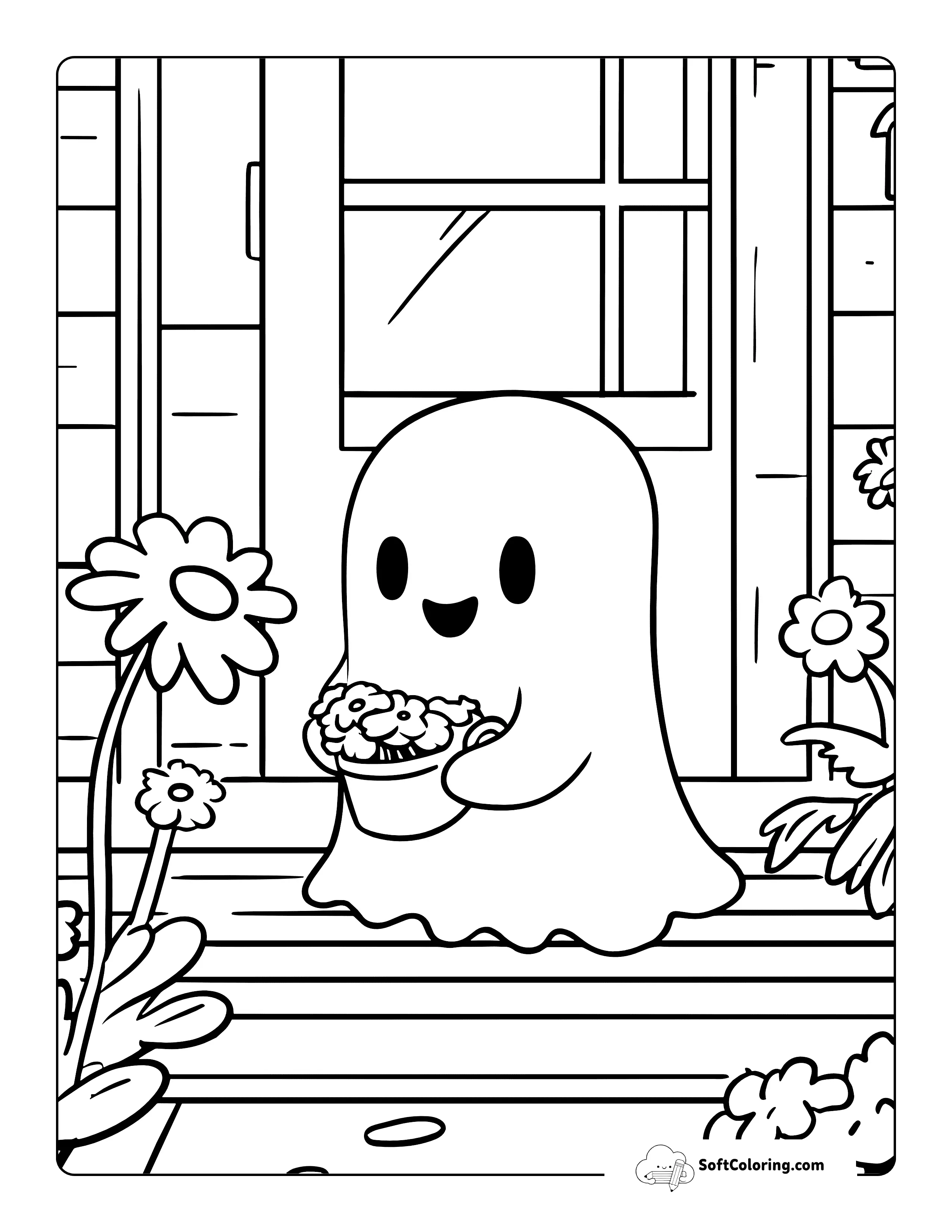 Cute Ghost With Flowers Coloring Page