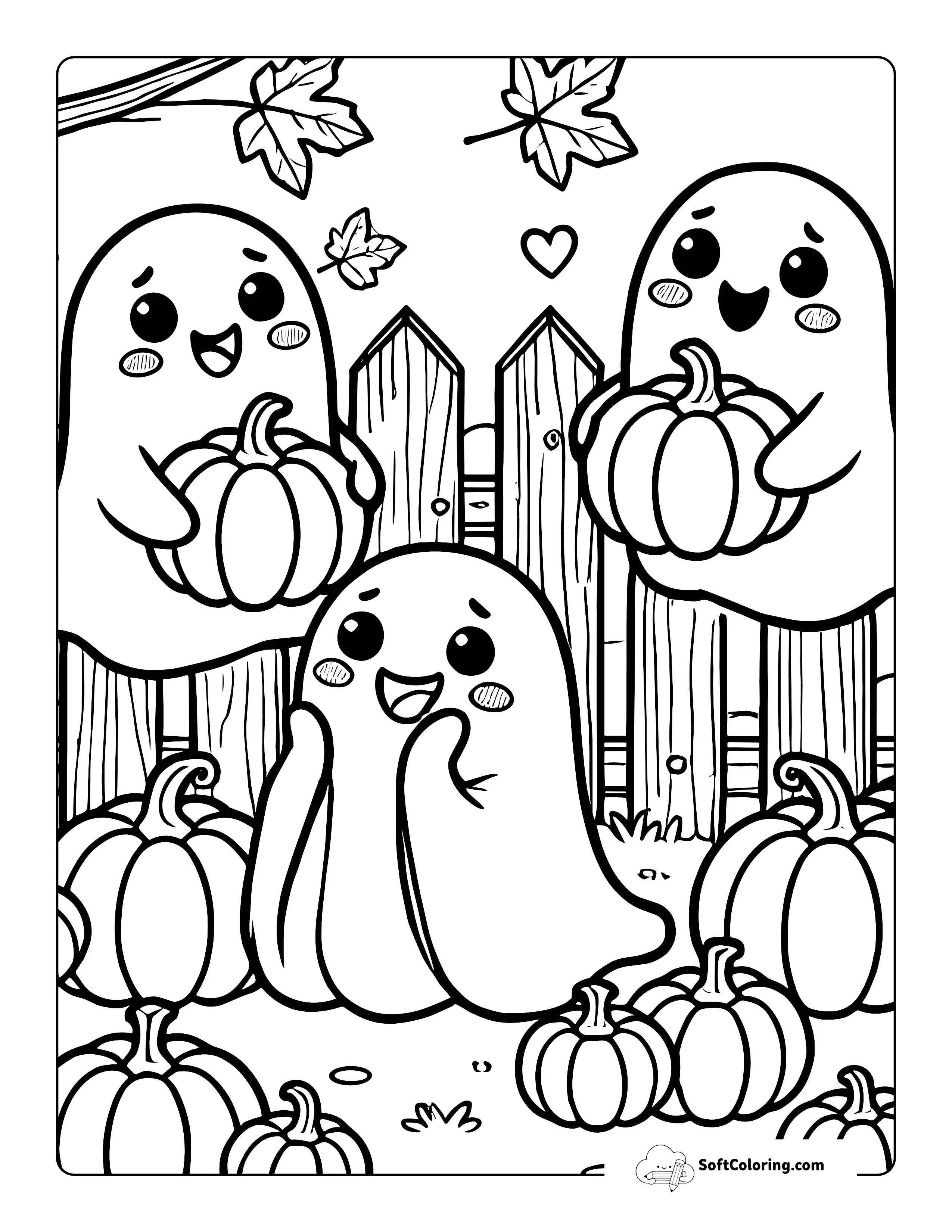 Cute Ghosts In Pumpkin Patch Coloring Sheet