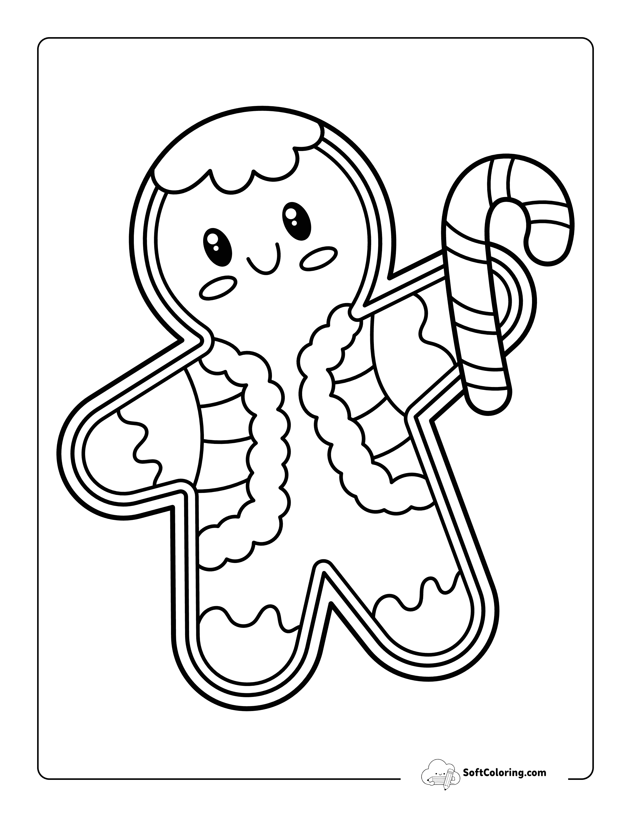 Cute Gingerbread Man Drawing With Candy Cane
