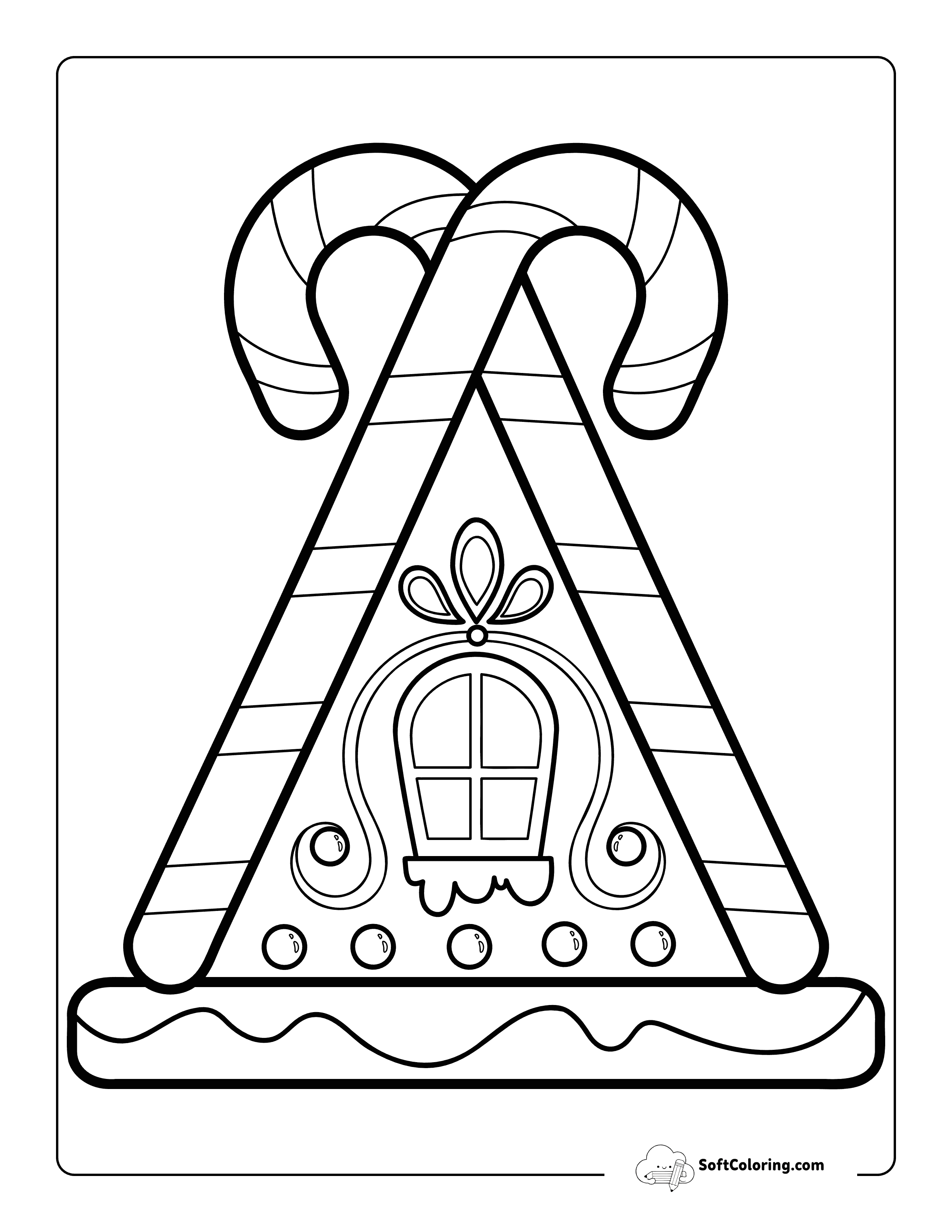 Easy Gingerbread House Coloring Page With Candy Cane Roof