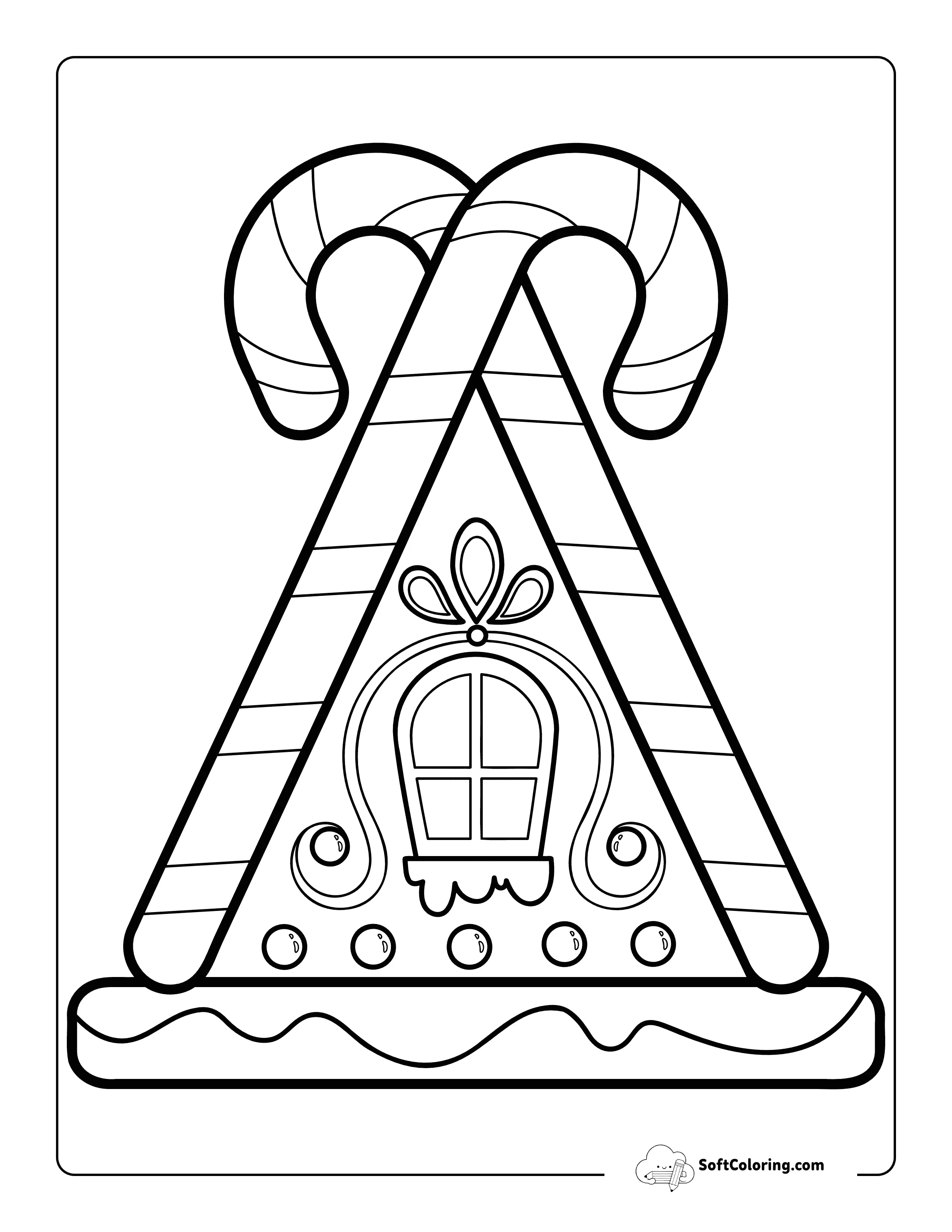 Easy Gingerbread House Coloring Page With Candy Cane Roof