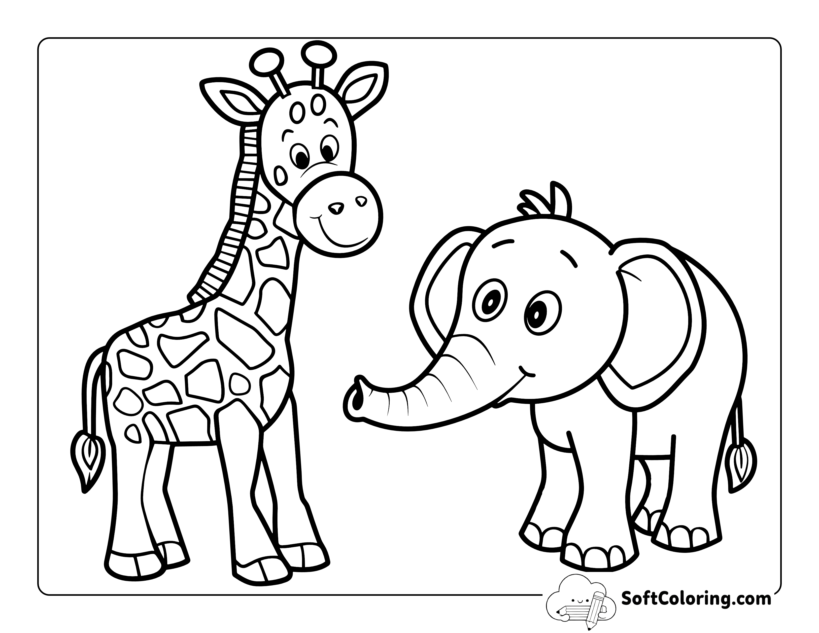Baby Elephant and Baby Giraffe Coloring Page for Kids