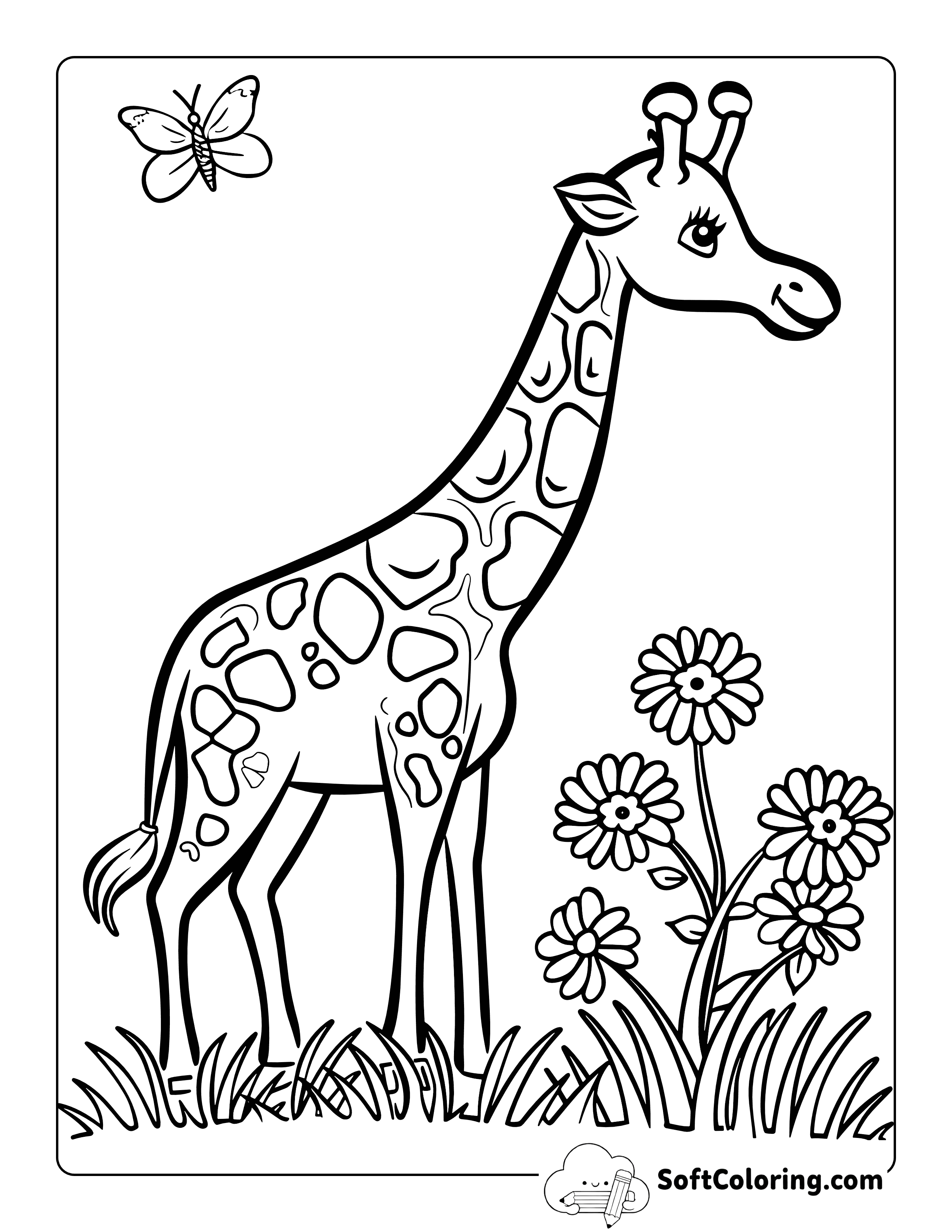 Cute Printable Giraffe Coloring Page with Butterfly and Flowers