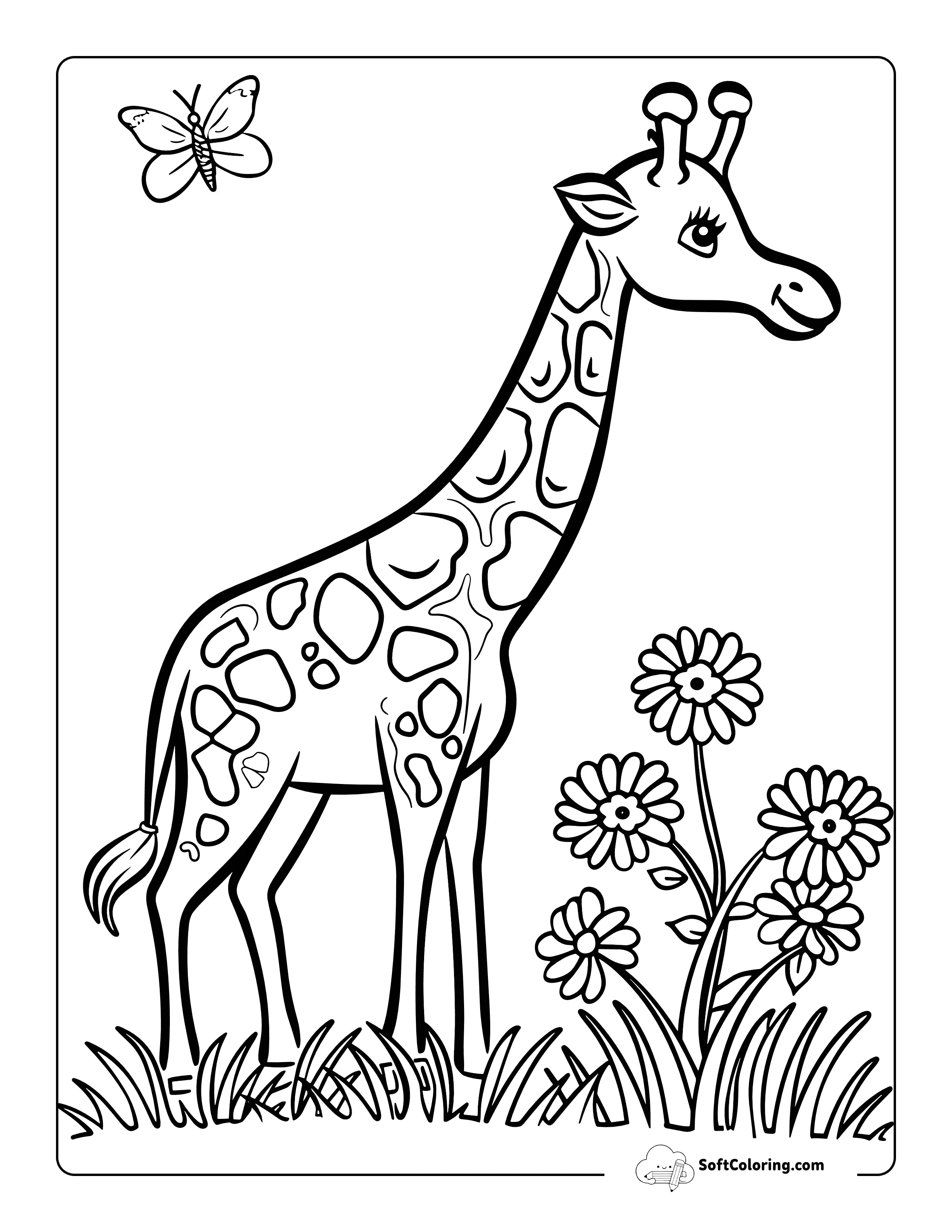 Cute Printable Giraffe Coloring Page With Butterfly And Flowers