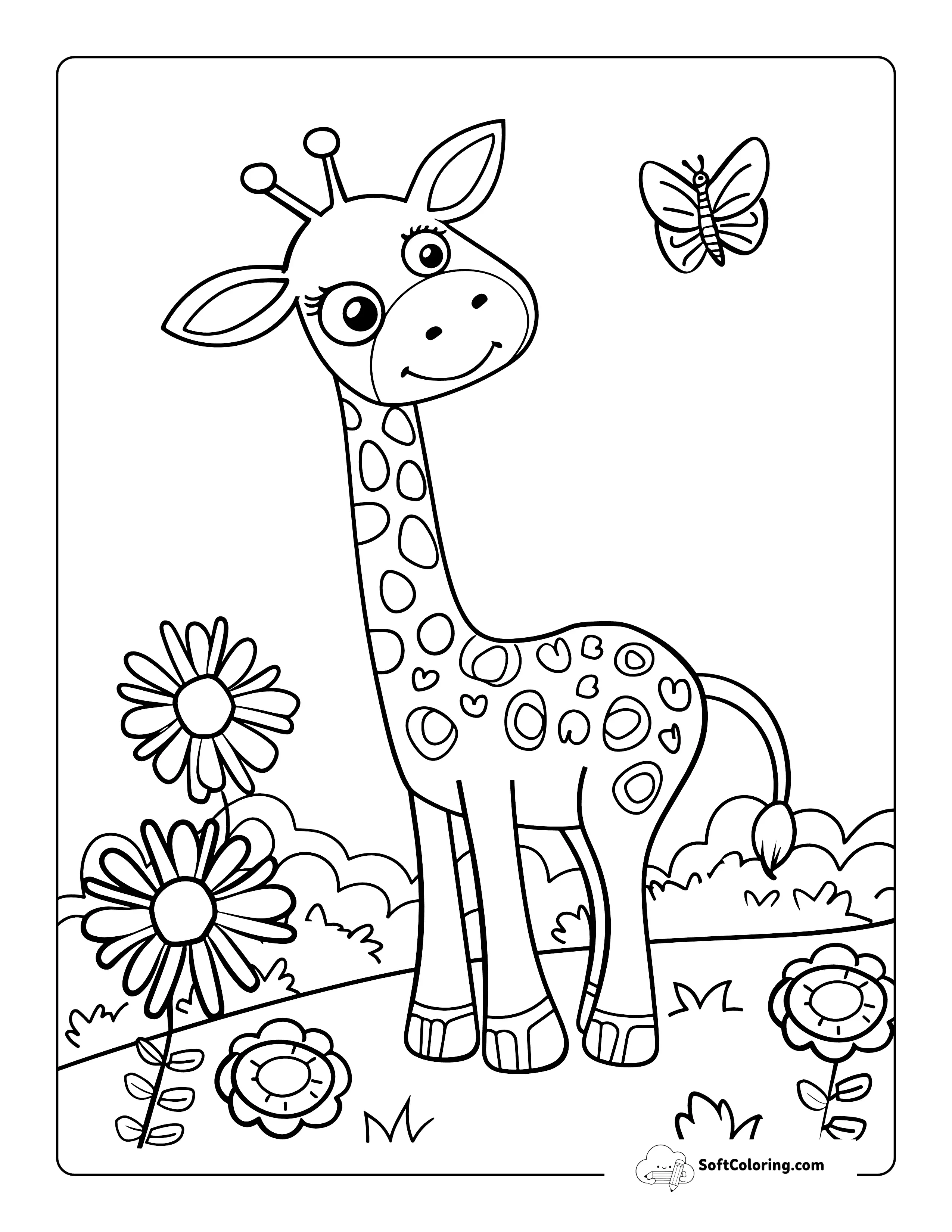 Butterfly And Cute Baby Giraffe Coloring Sheet