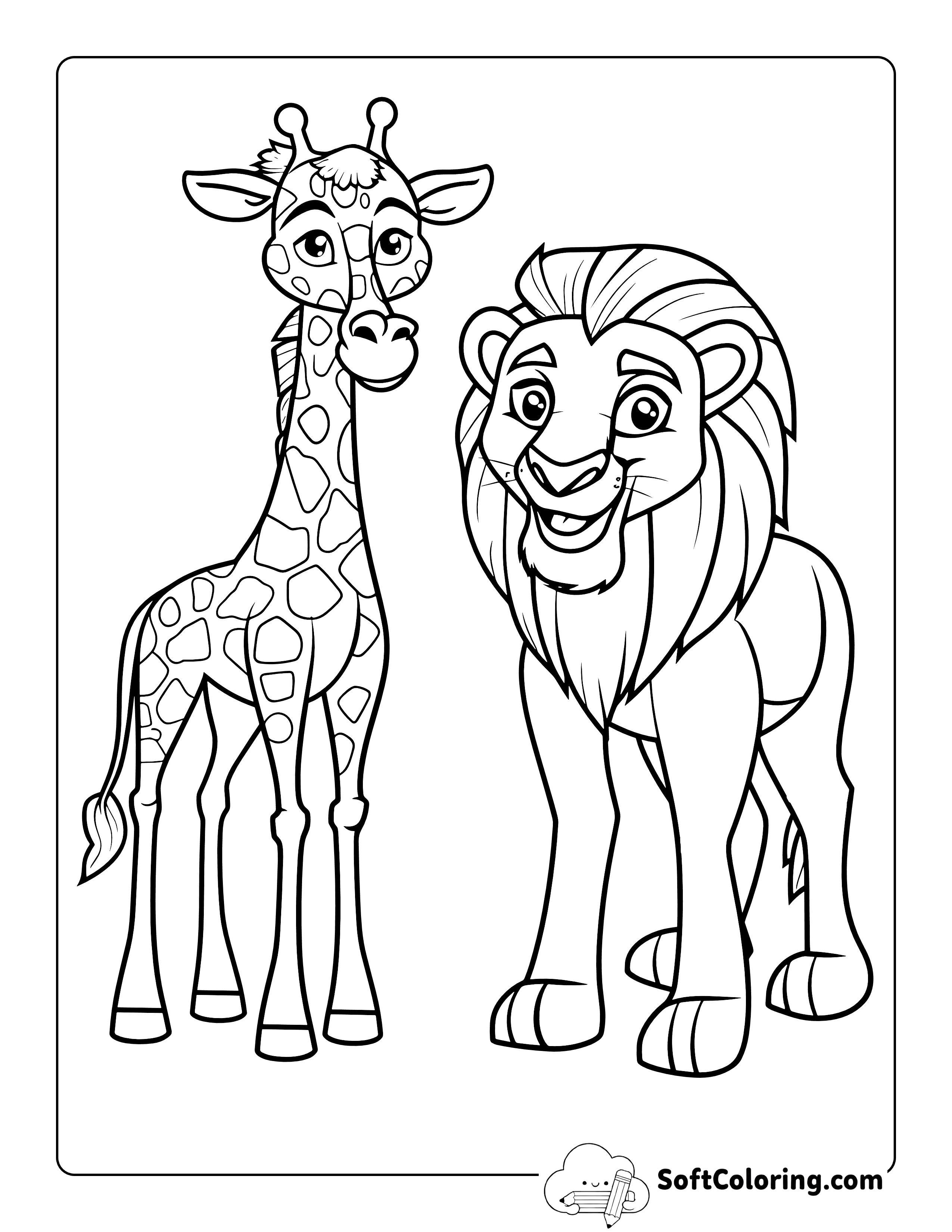 Baby Giraffe and Baby Lion Coloring Page