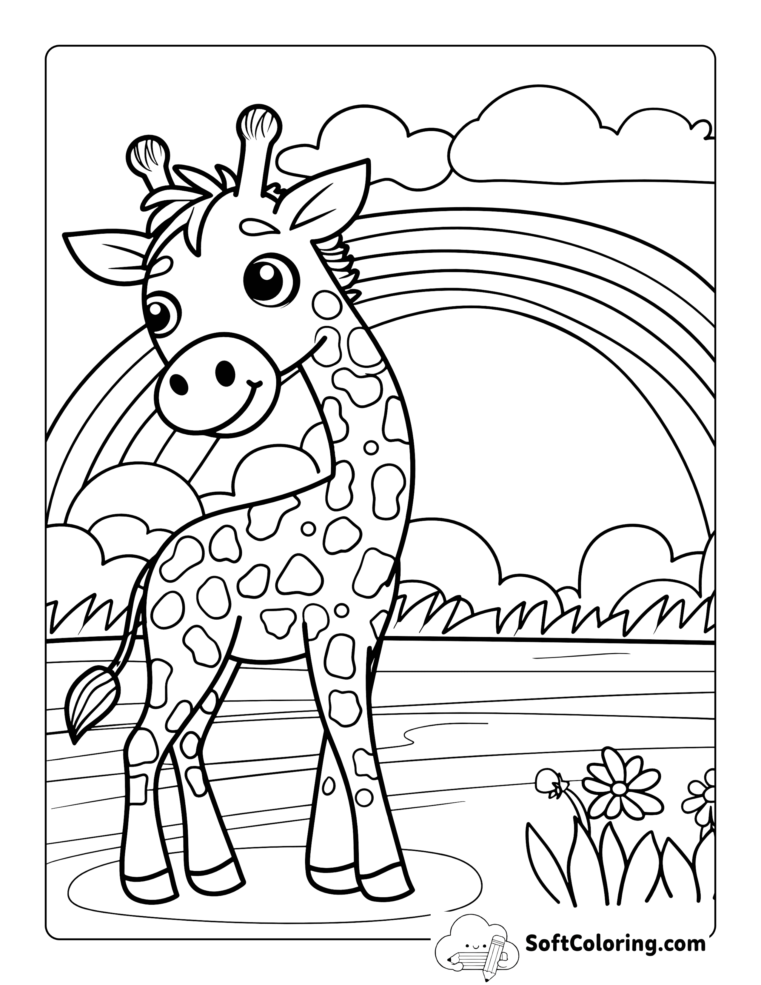 Cute Baby Giraffe Under Rainbow Printable Coloring Sheet