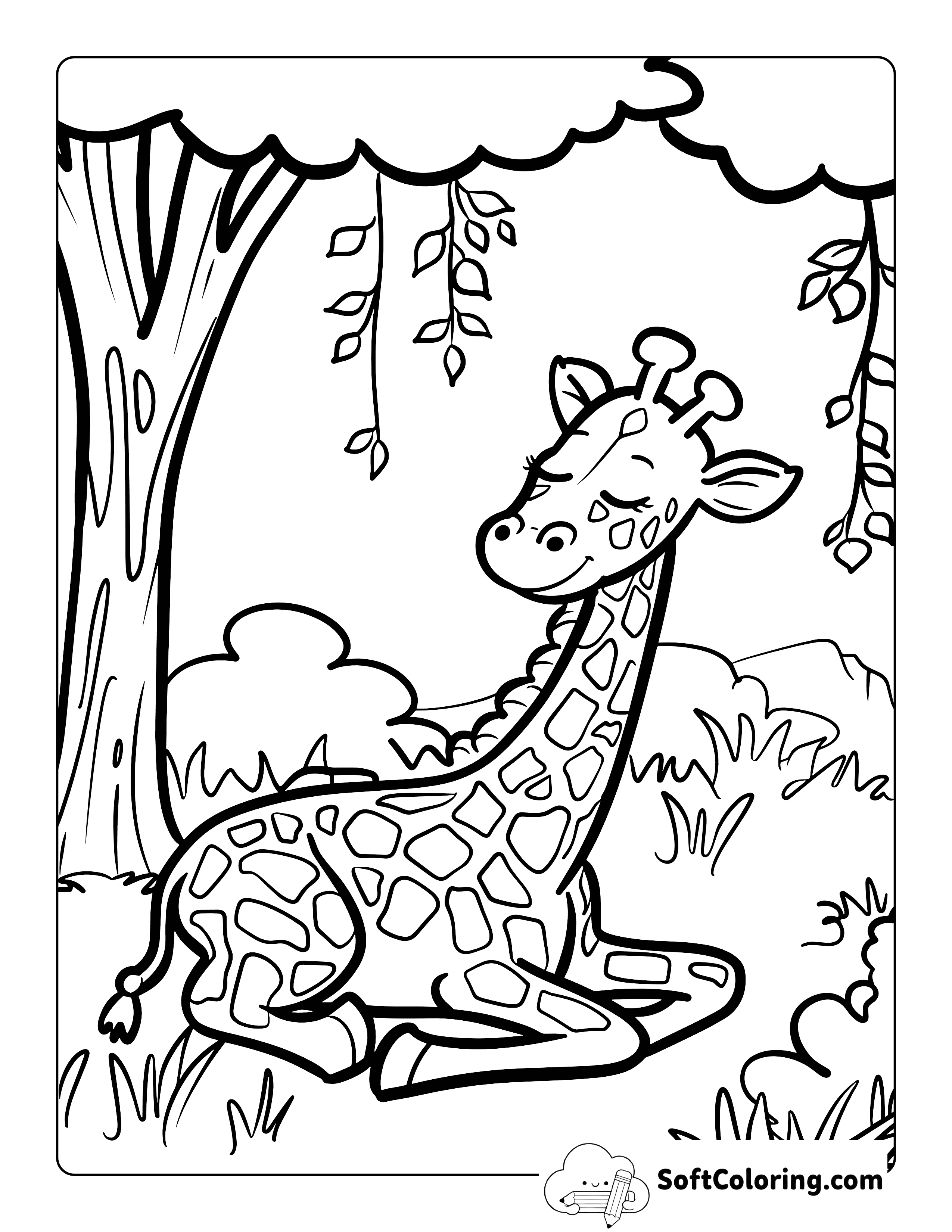 Cute Smiling Baby Giraffe in Forest Coloring Page
