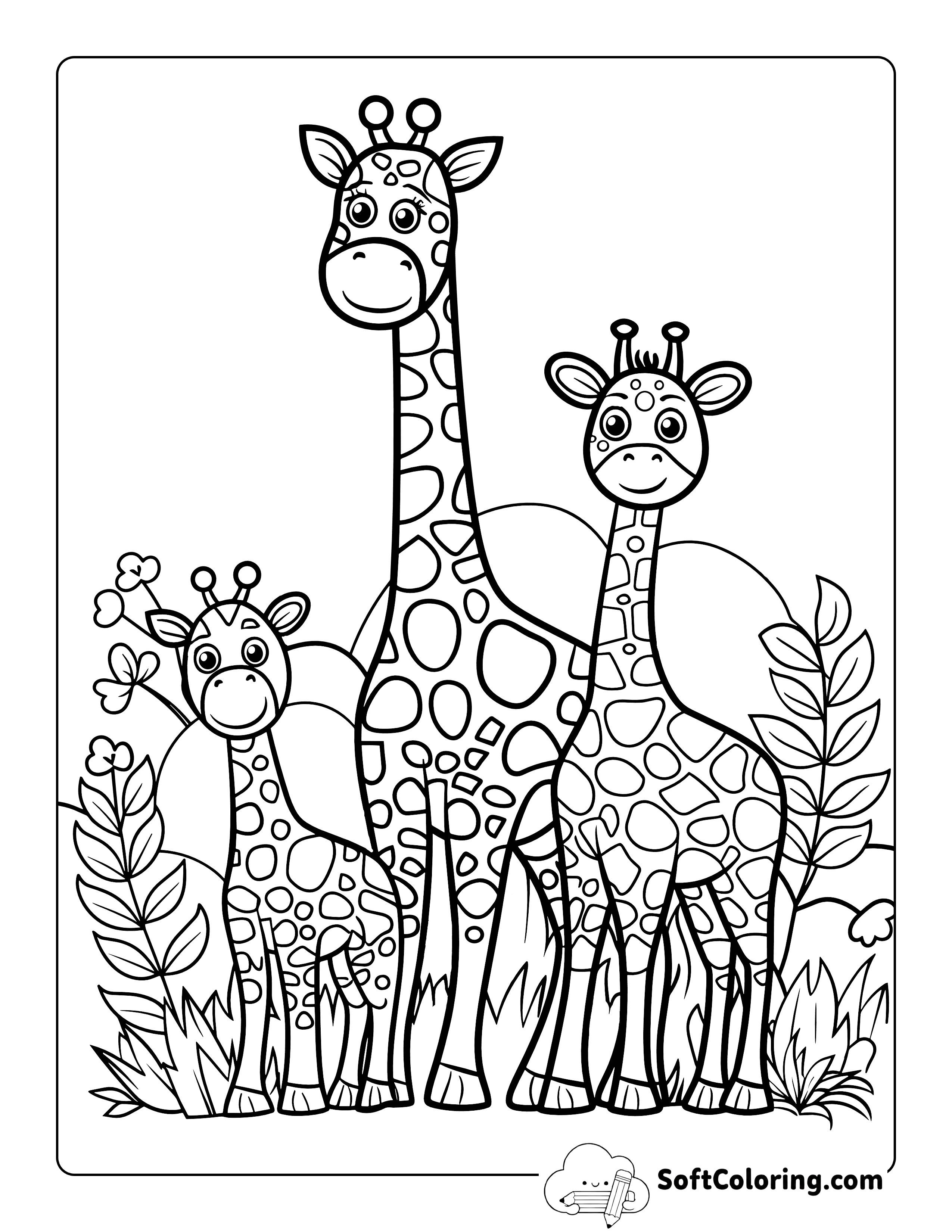 Cute Giraffe Family Coloring Page for Kids