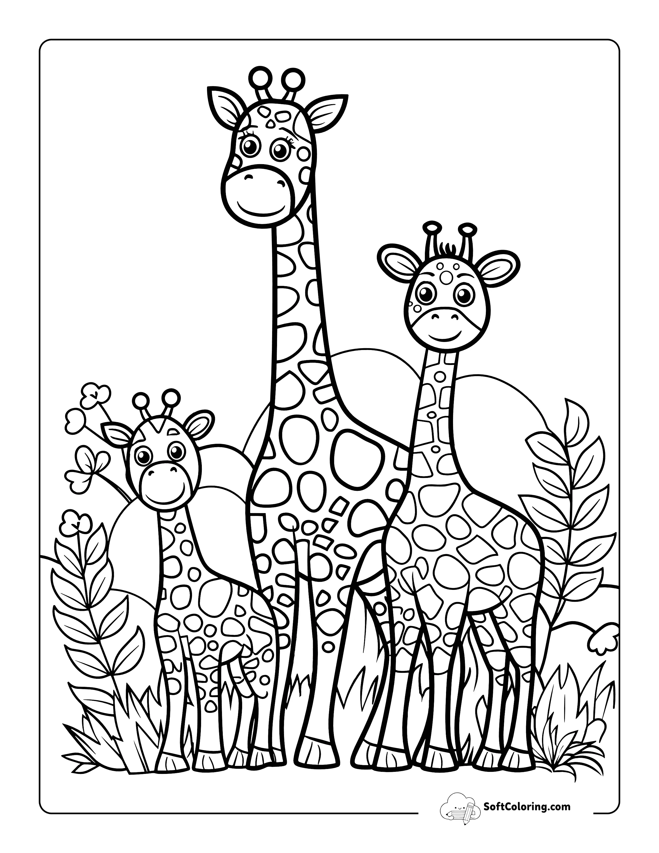 Cute Giraffe Family Coloring Page For Kids