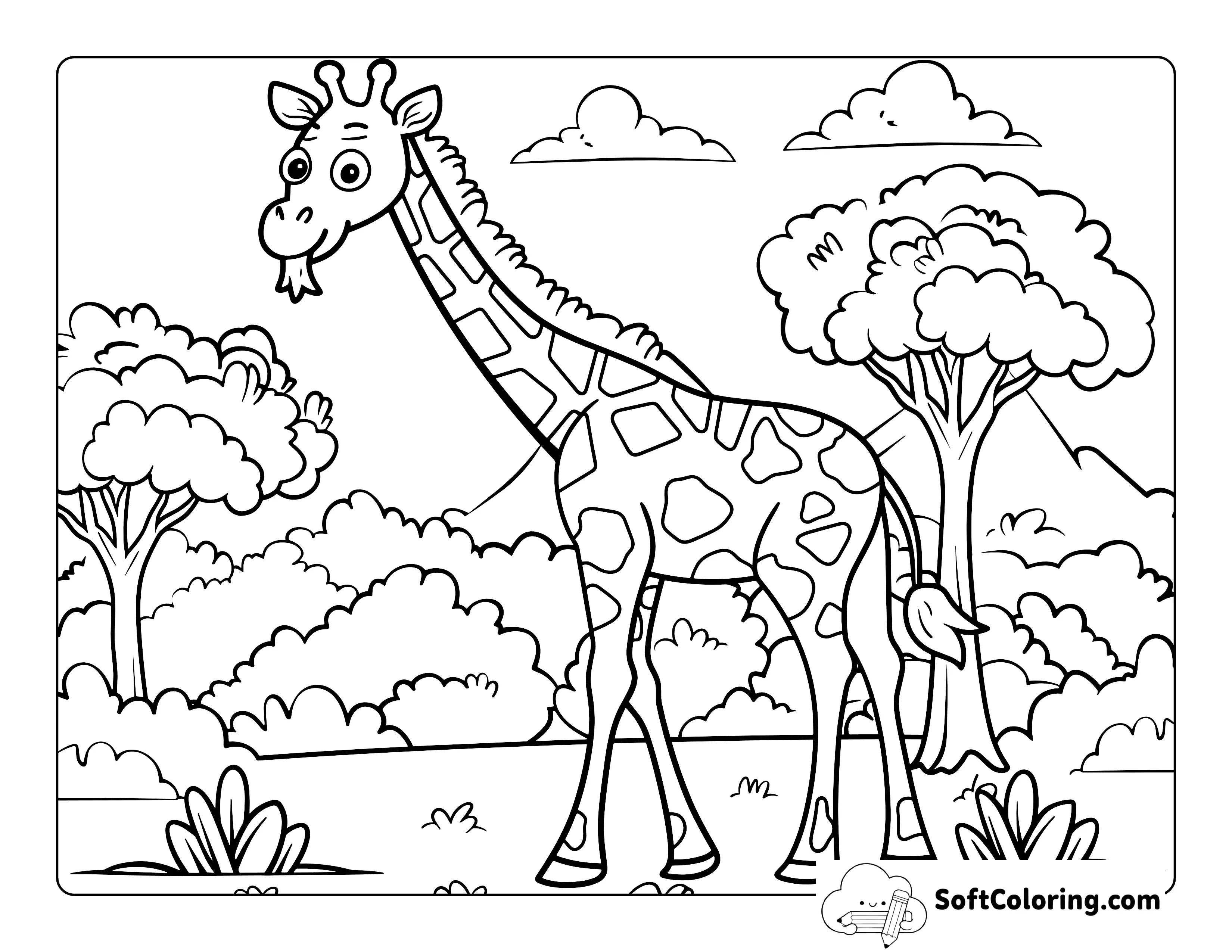 Giraffe Eating From Tree Coloring Page Printable