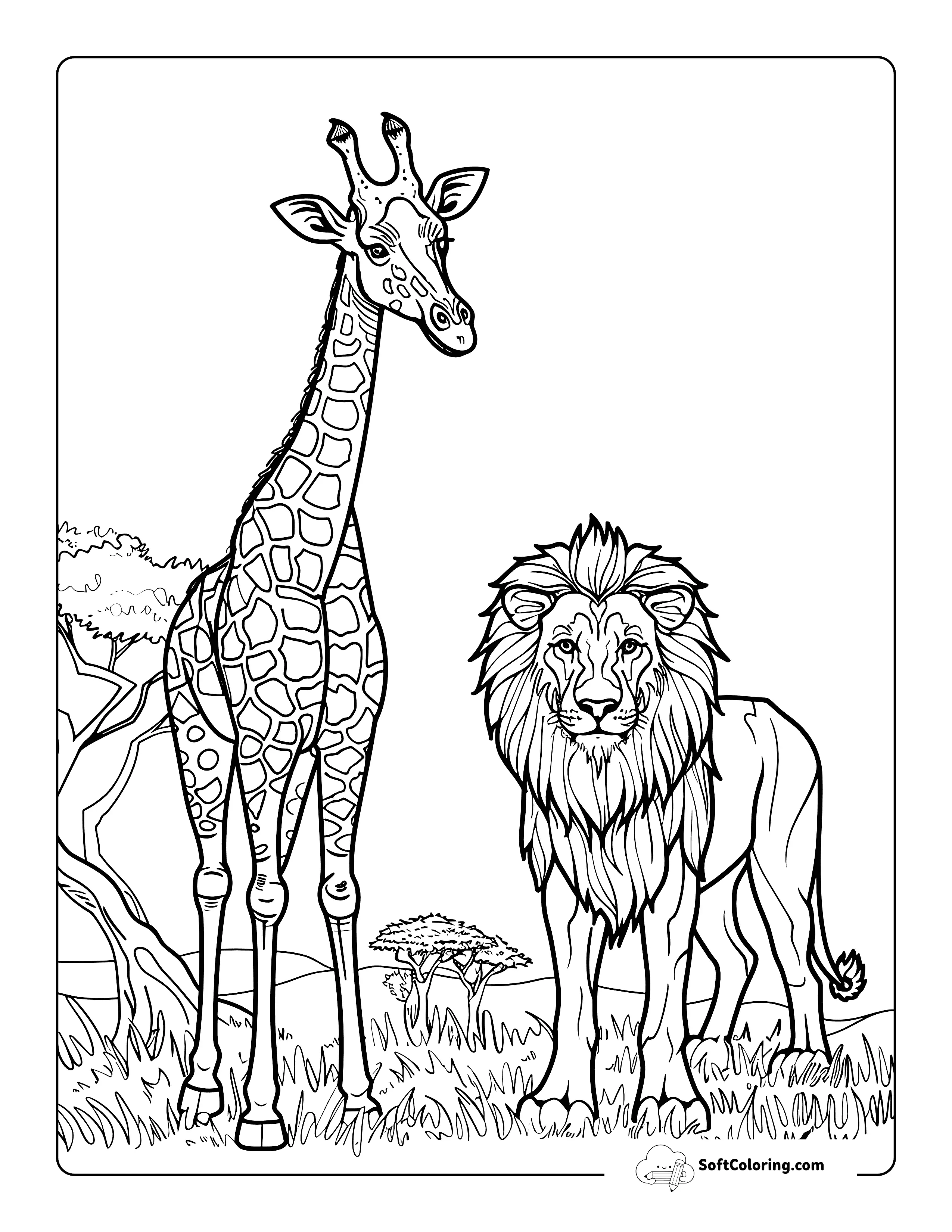 Realistic Lion And Giraffe Coloring Sheet For Adults