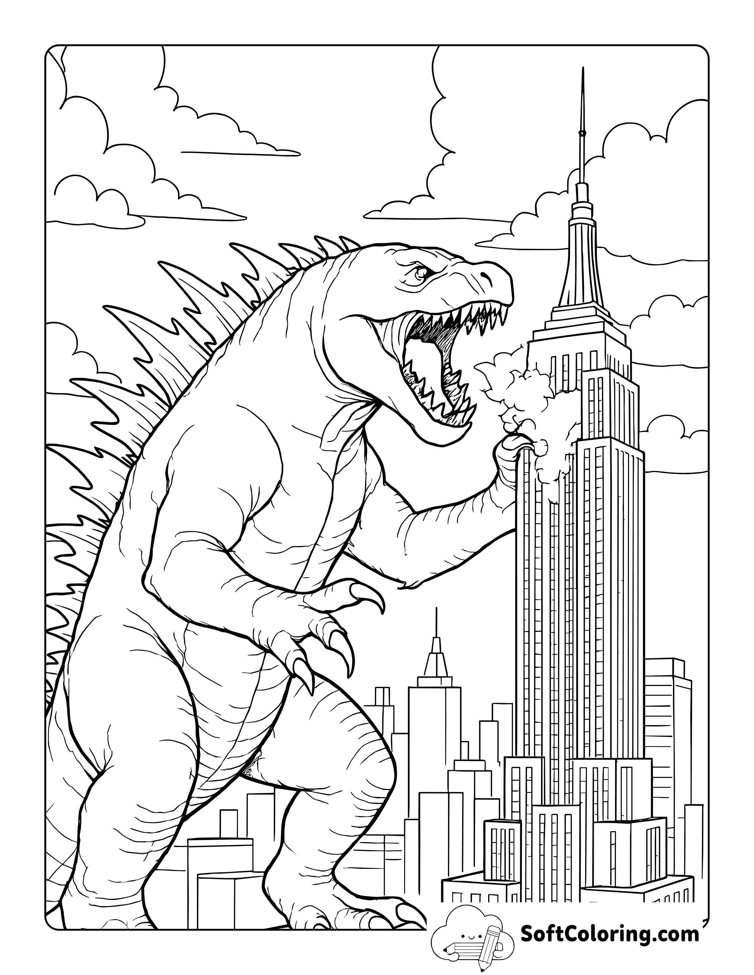 Cartoon Drawing Inspired by Godzilla Destroying the City Printable to Color