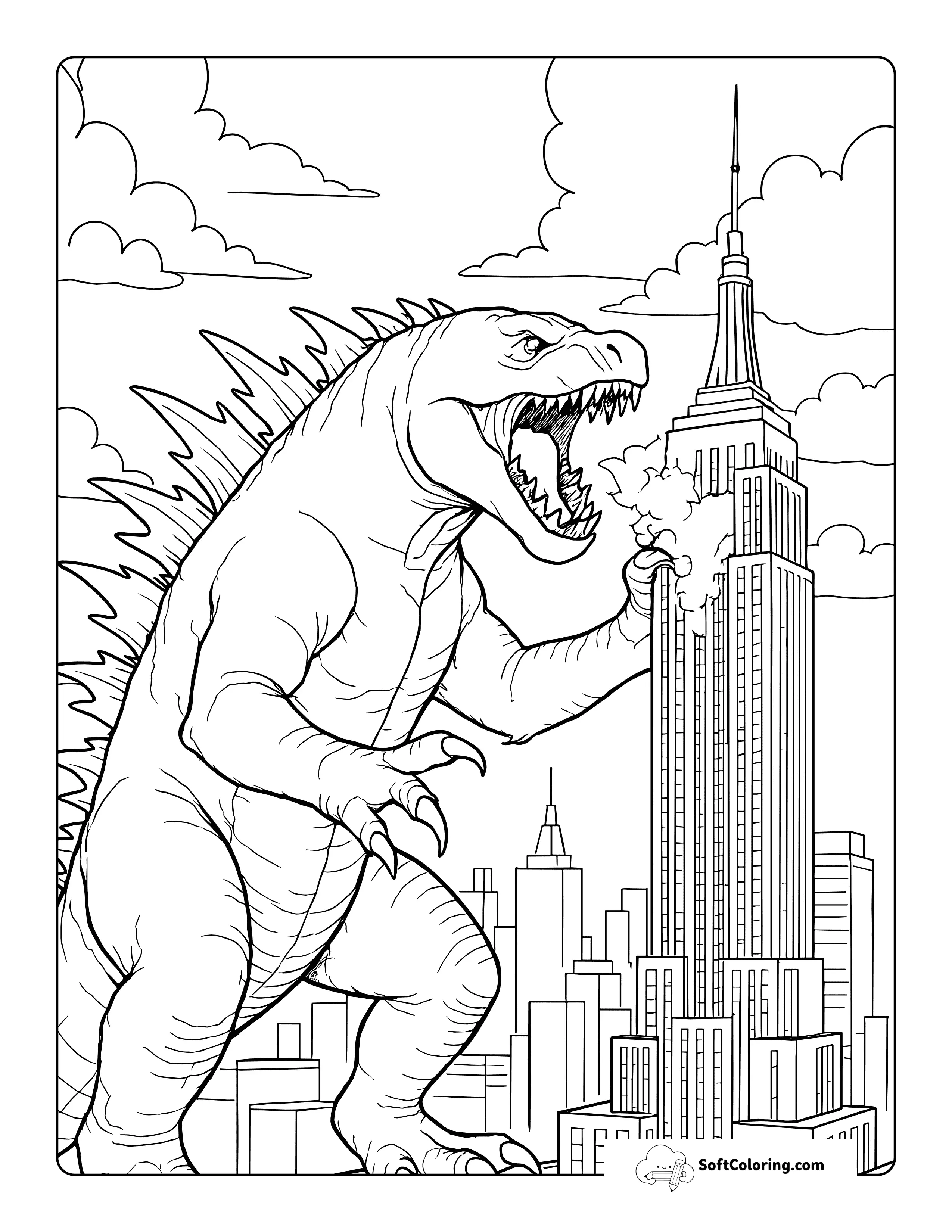 Cartoon Drawing Inspired By Godzilla Destroying The City Printable To Color