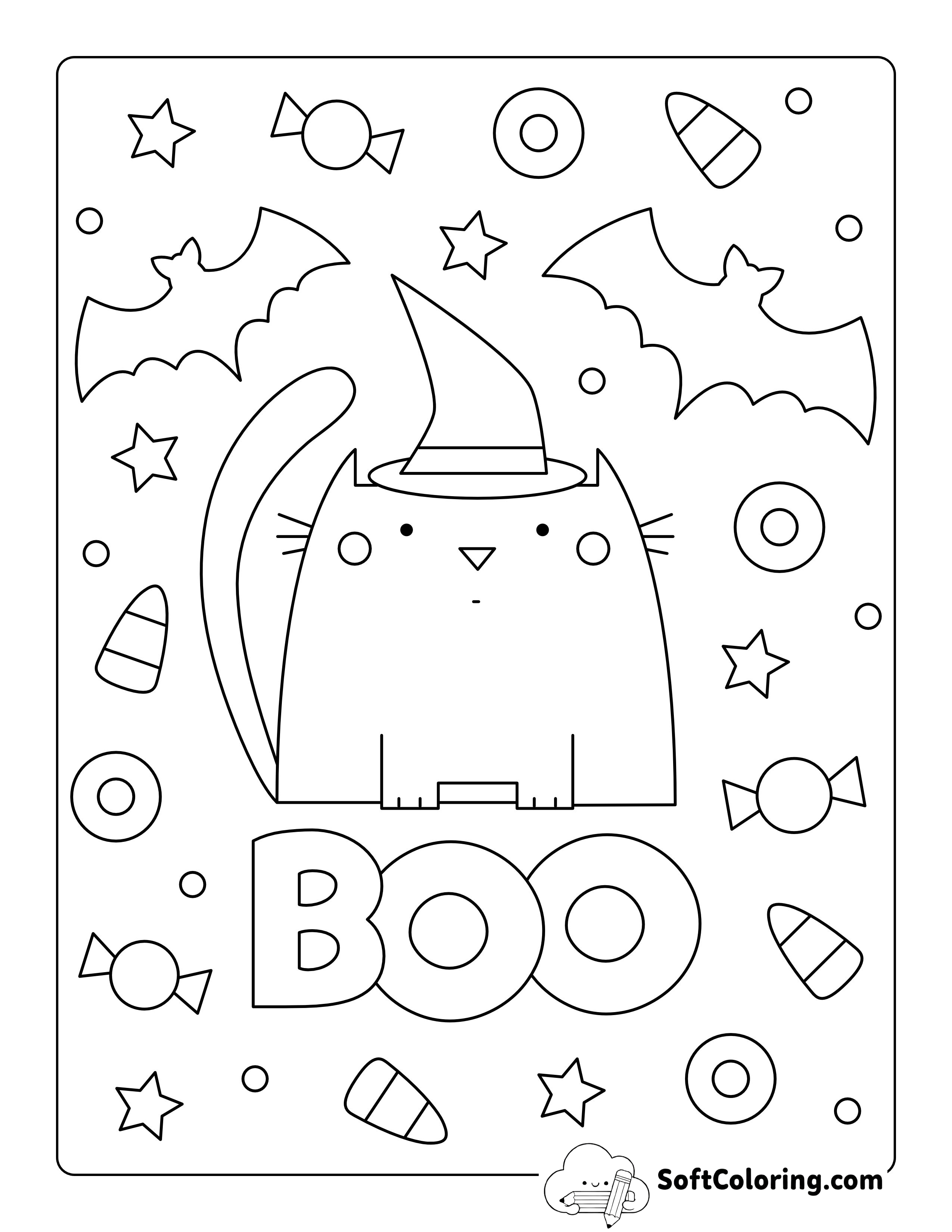Cute Halloween Cat Coloring Page