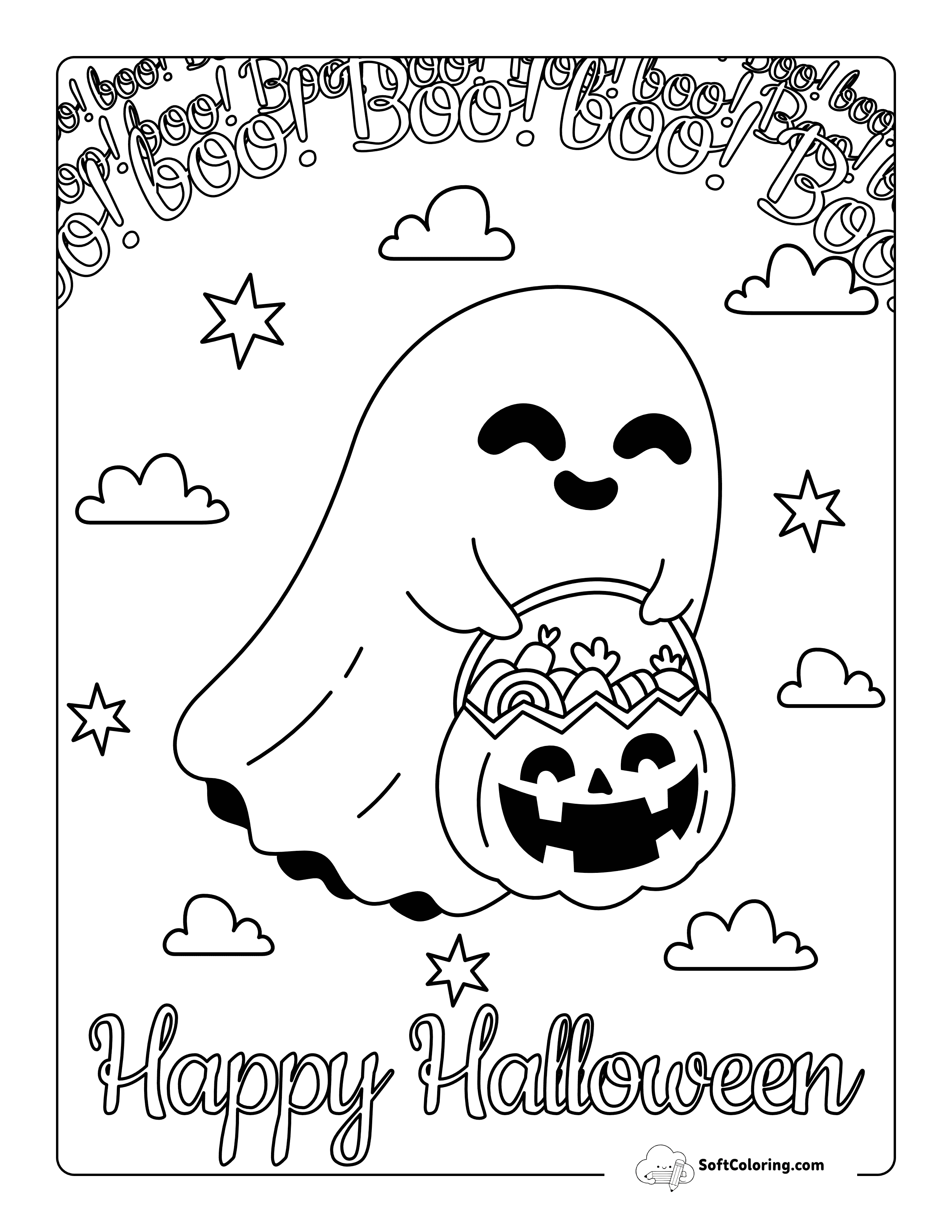 New Cute Boo! Ghost "Happy Halloween" Coloring Sheet
