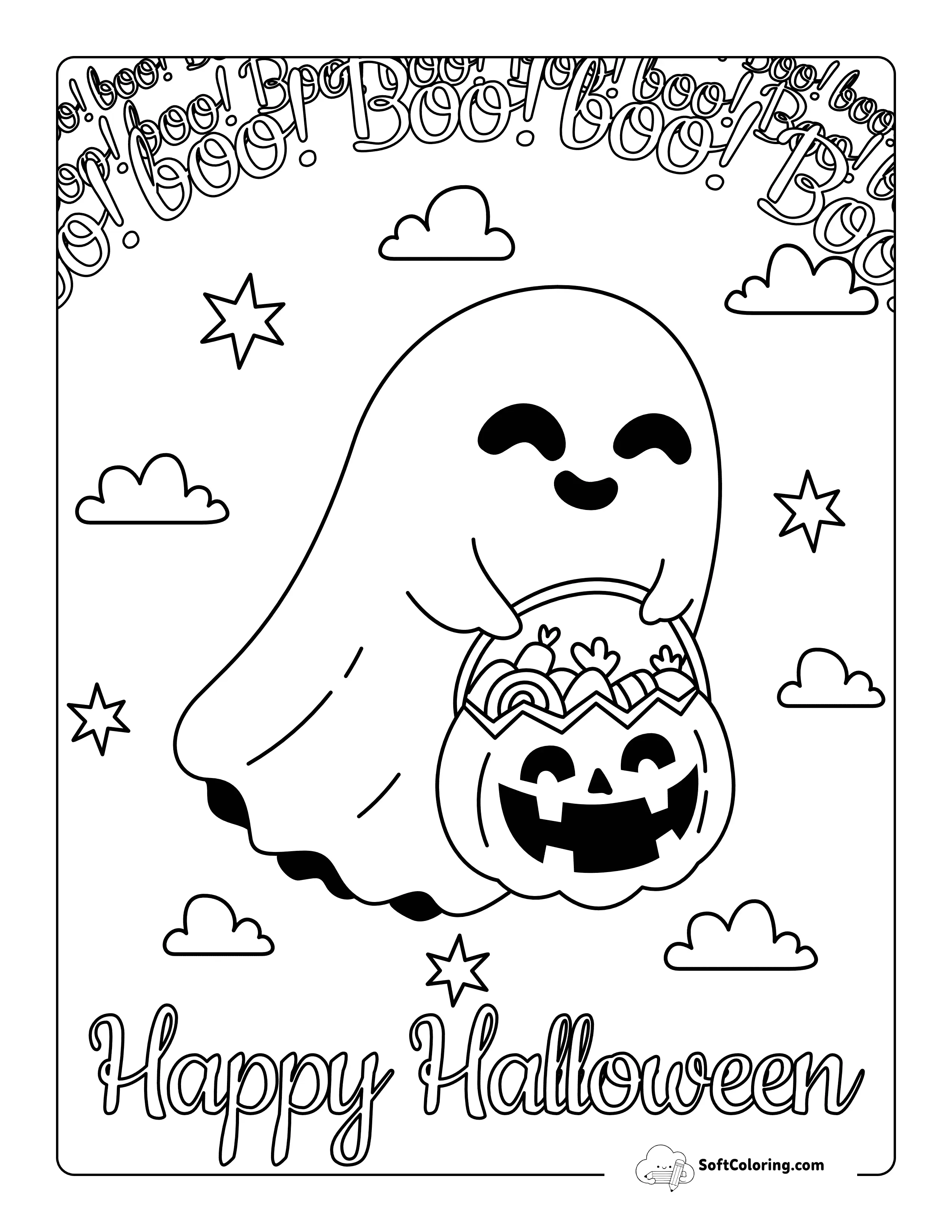 New Cute Boo! Ghost "Happy Halloween" Coloring Sheet
