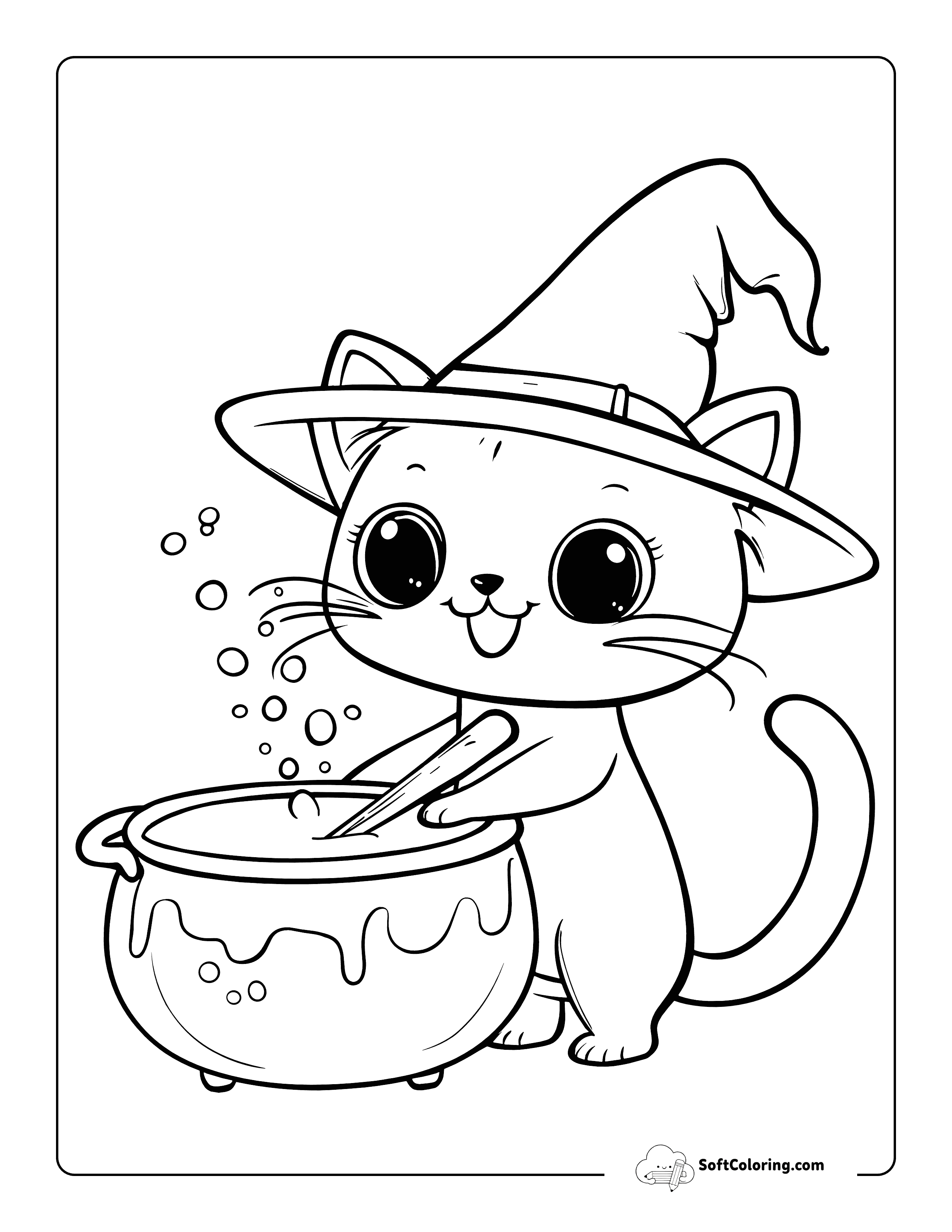 Cute Witch Halloween Cat And Cauldron Coloring Sheet