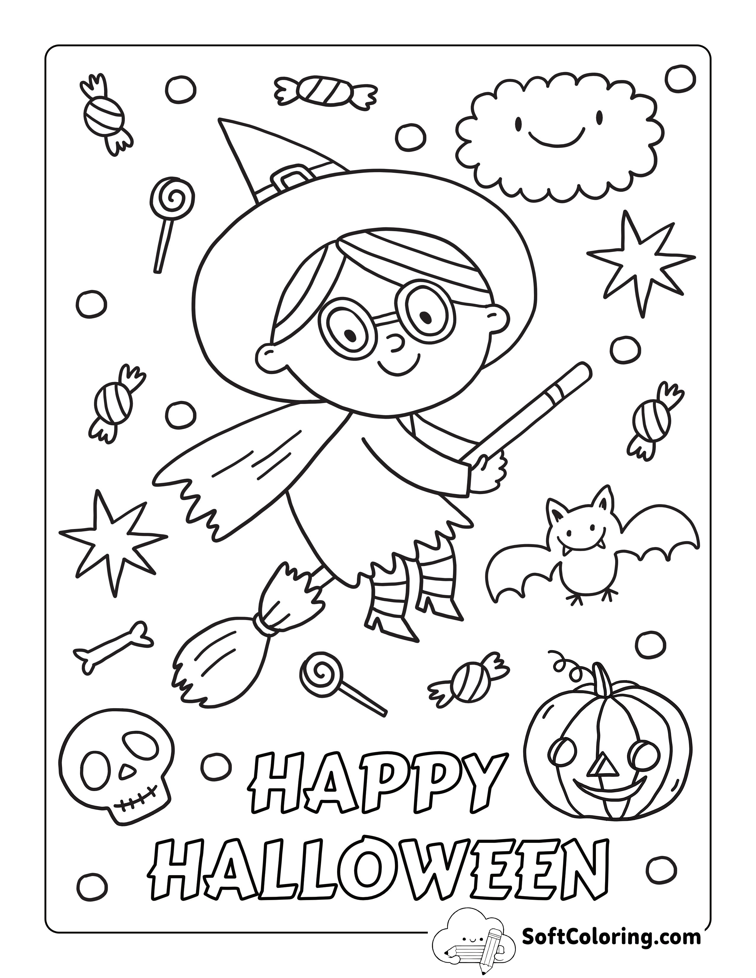 "Happy Halloween" Witch Coloring Page for Kids