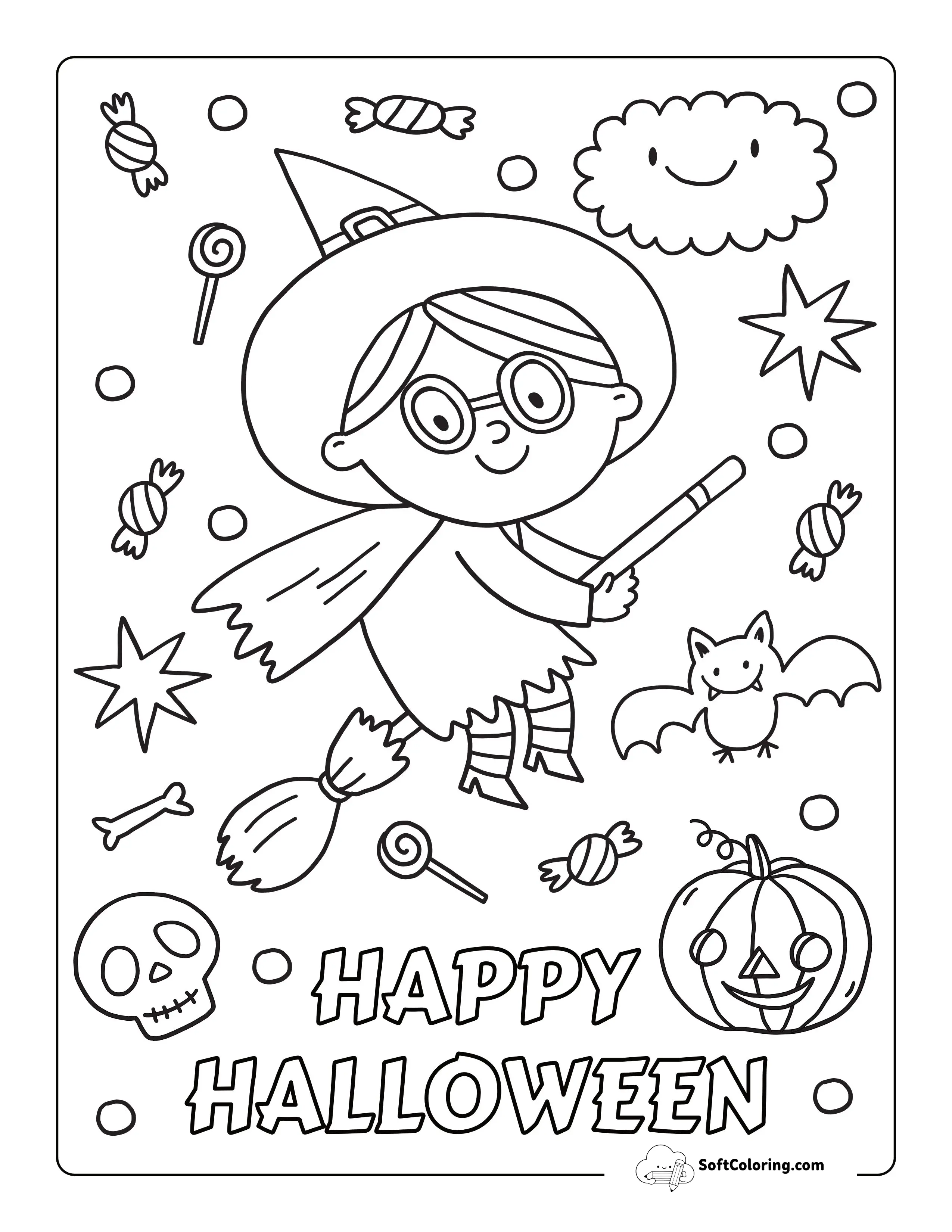 "Happy Halloween" Witch Coloring Page For Kids