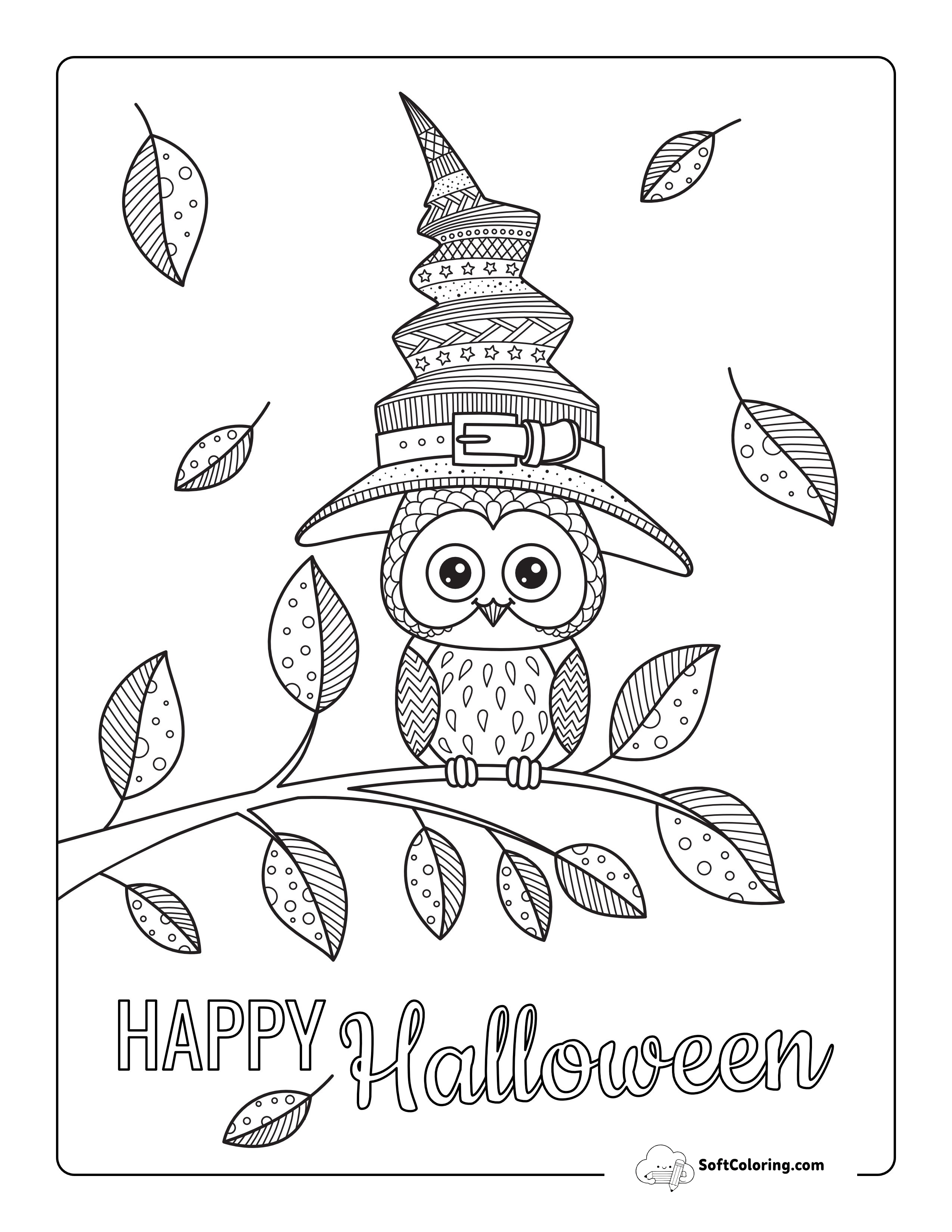 "Happy Halloween" Witchy Owl Coloring Page For Adults