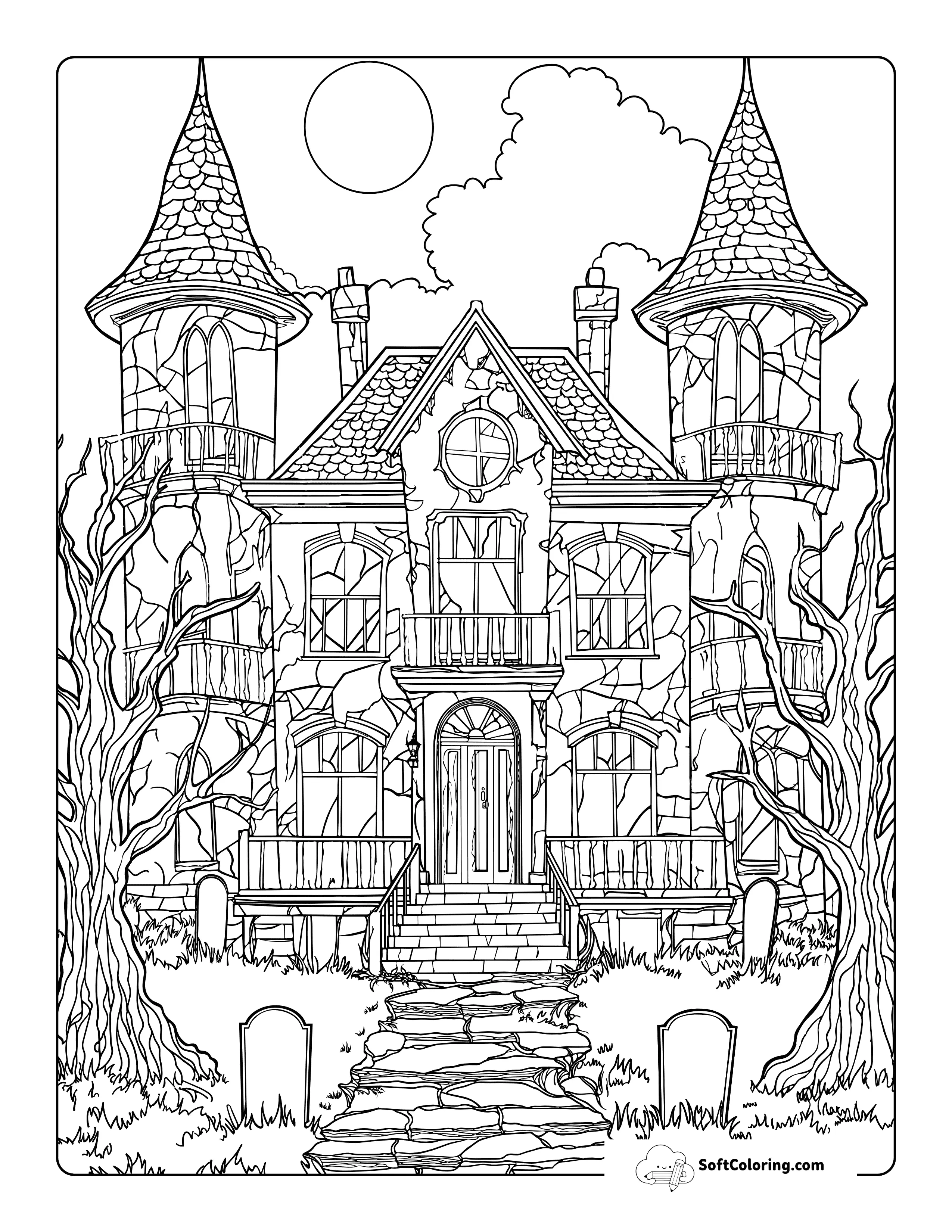 Spooky Halloween Haunted House Coloring Page For Adults