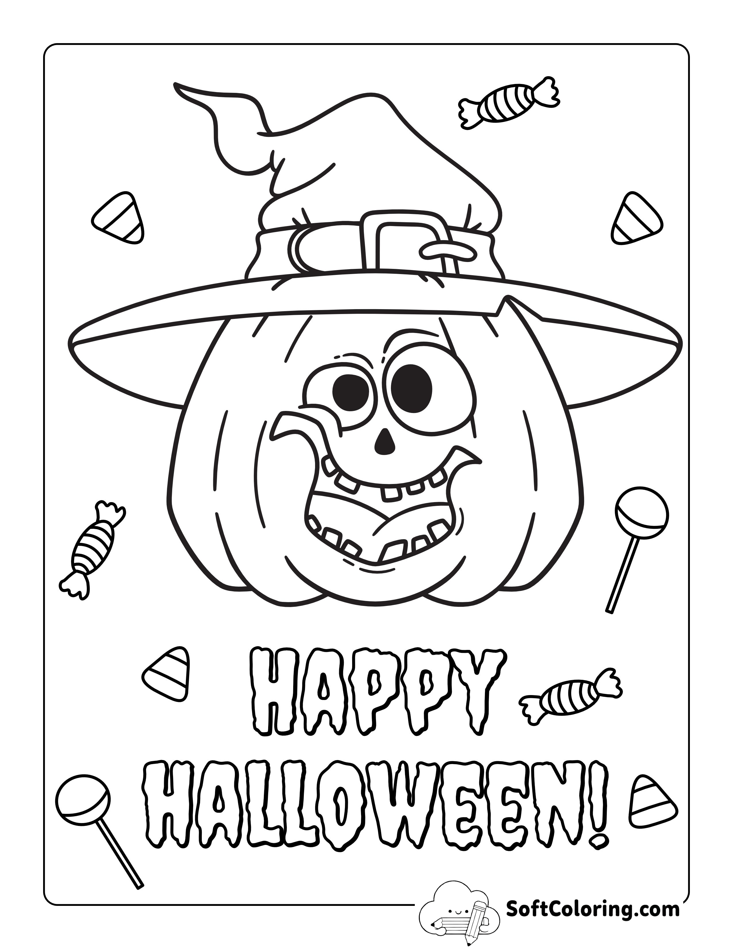 "Happy Halloween" Pumpkin Coloring Page