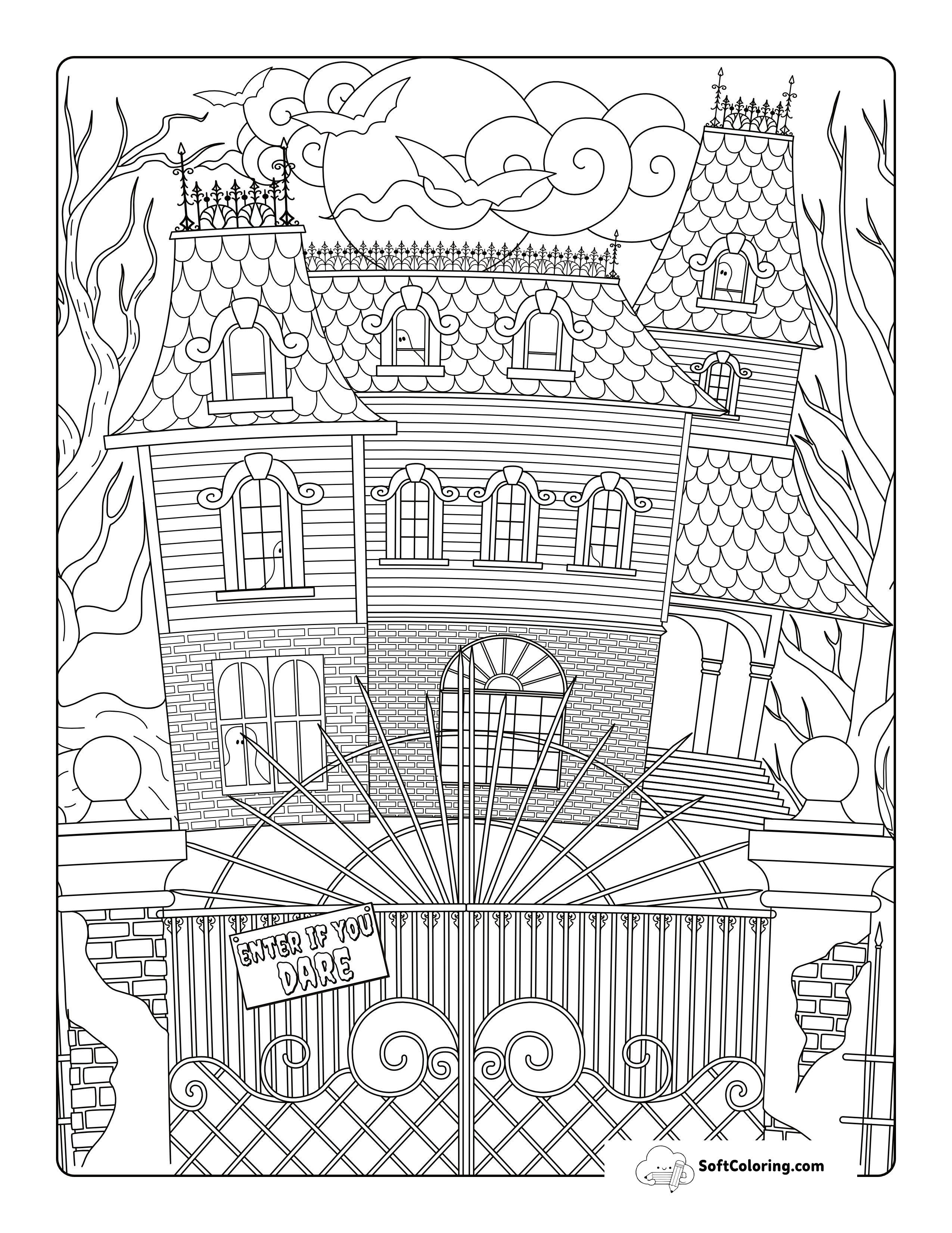 Haunted House Halloween Coloring Sheet For Adults