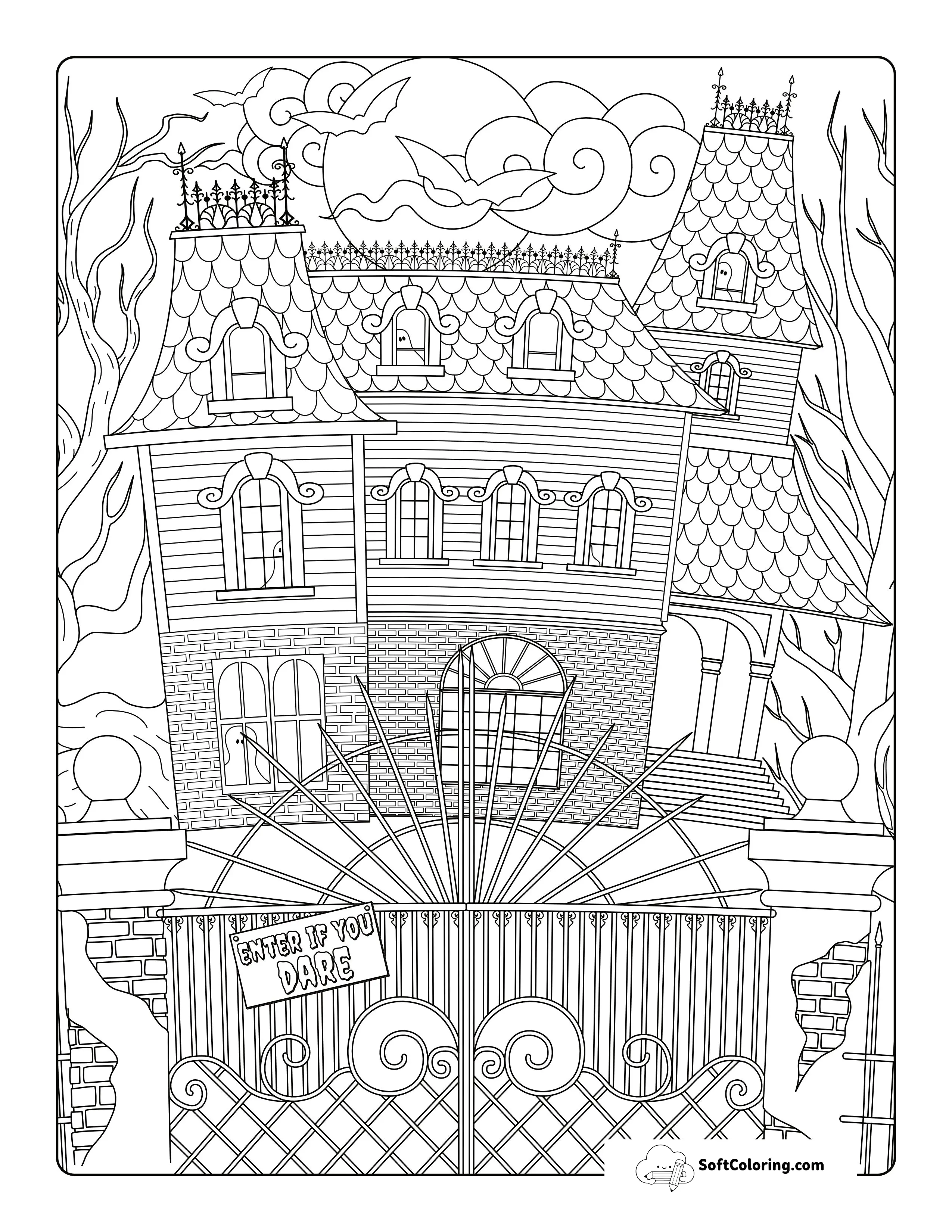 Haunted House Halloween Coloring Sheet For Adults
