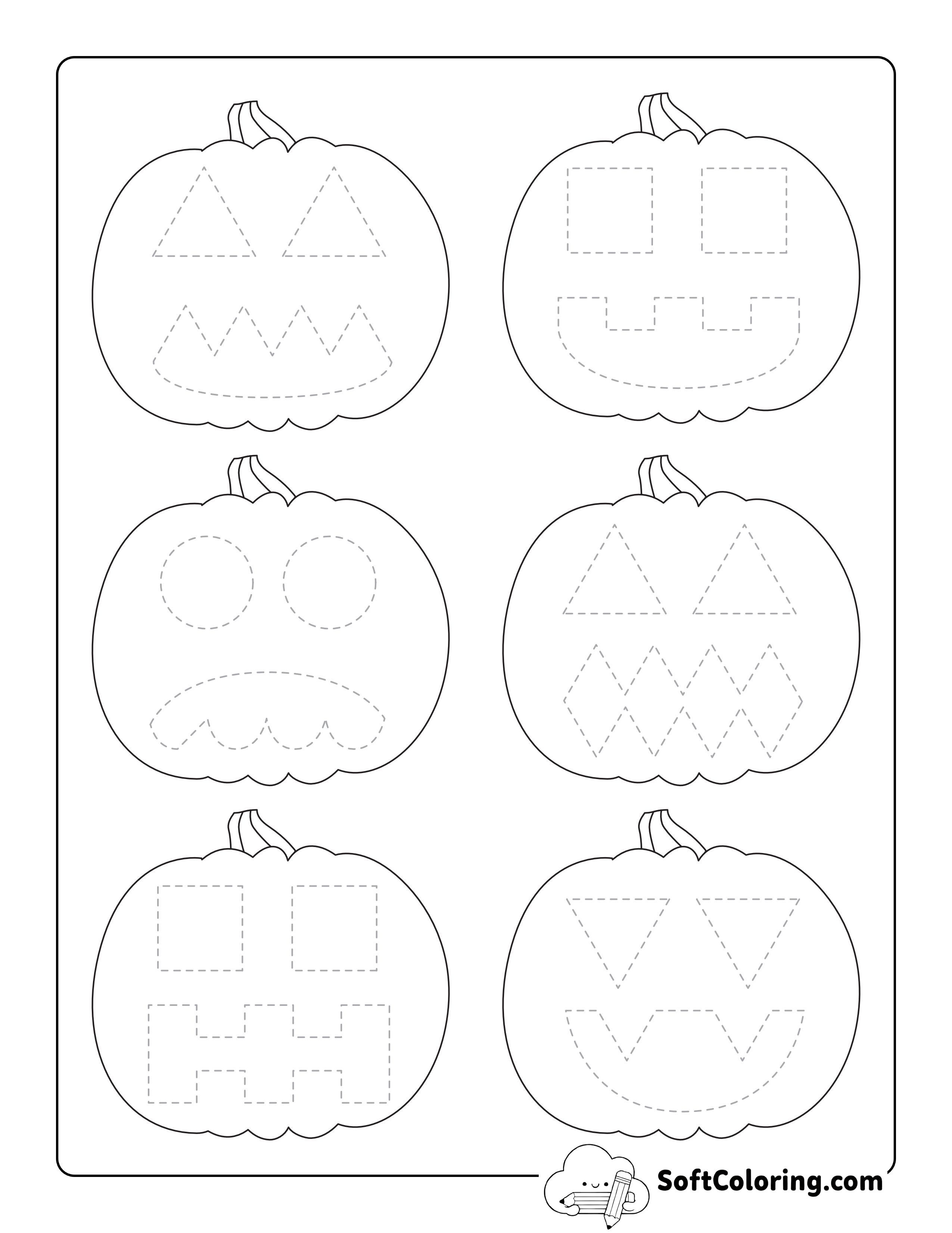 "Trace A Face" Halloween Activity Sheet For Preschoolers