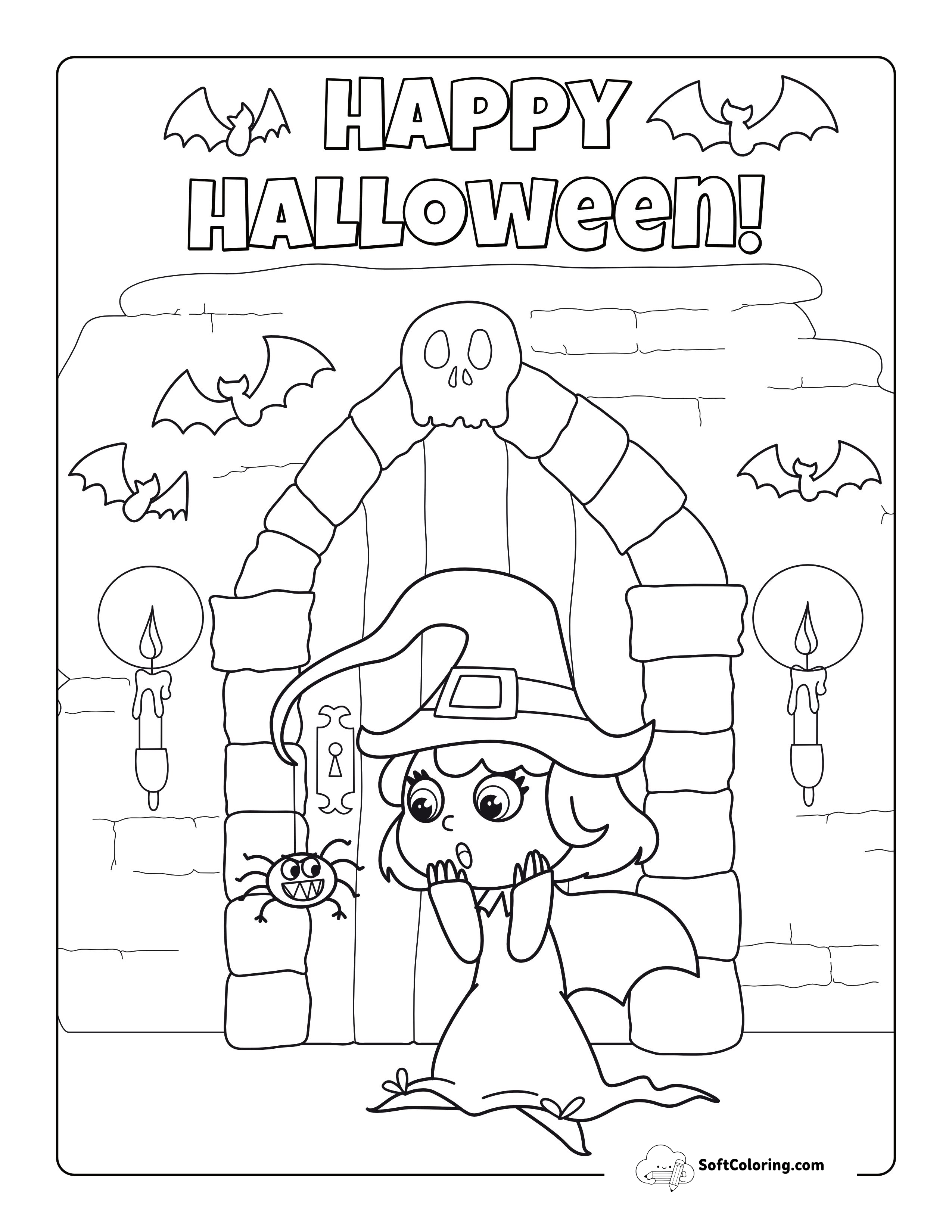 Cute Witch In Spooky House Coloring Page