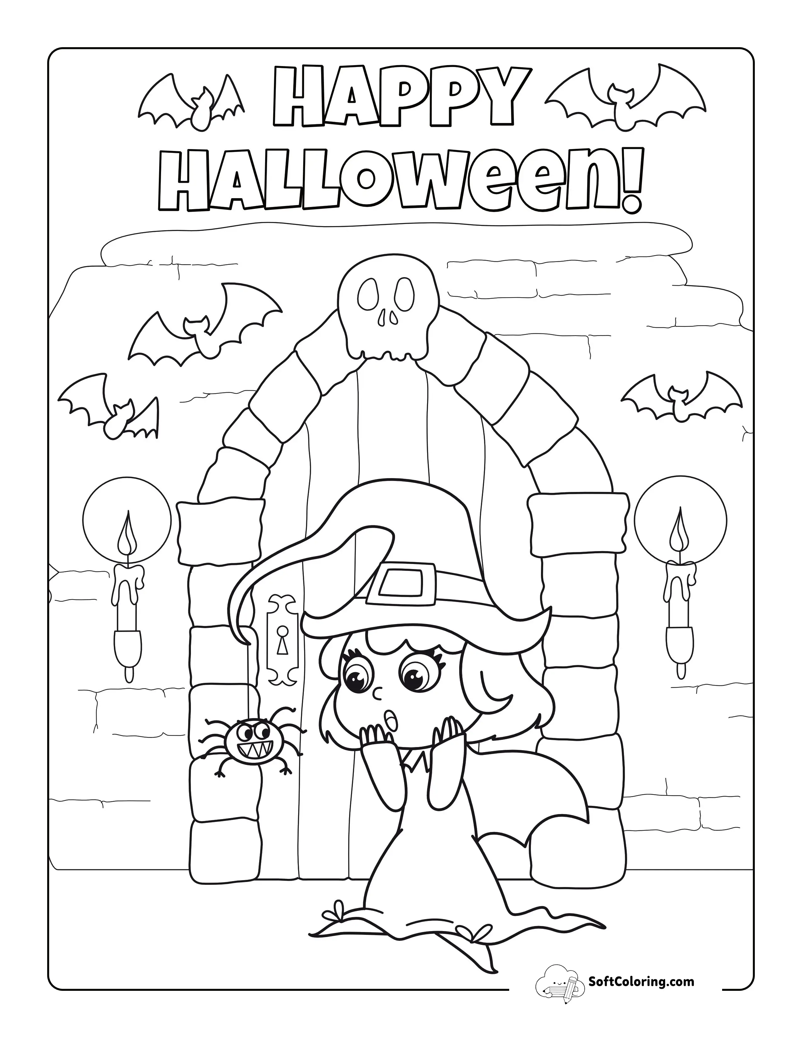 Cute Witch In Spooky House Coloring Page