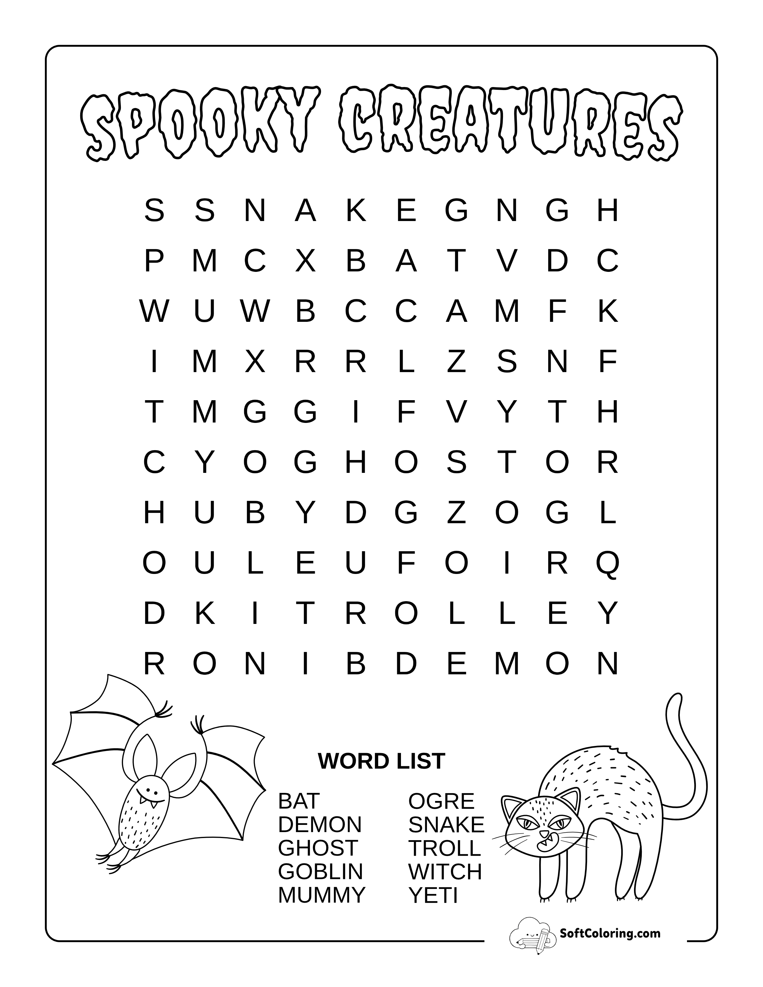 Easy Spooky Creatures Word Search