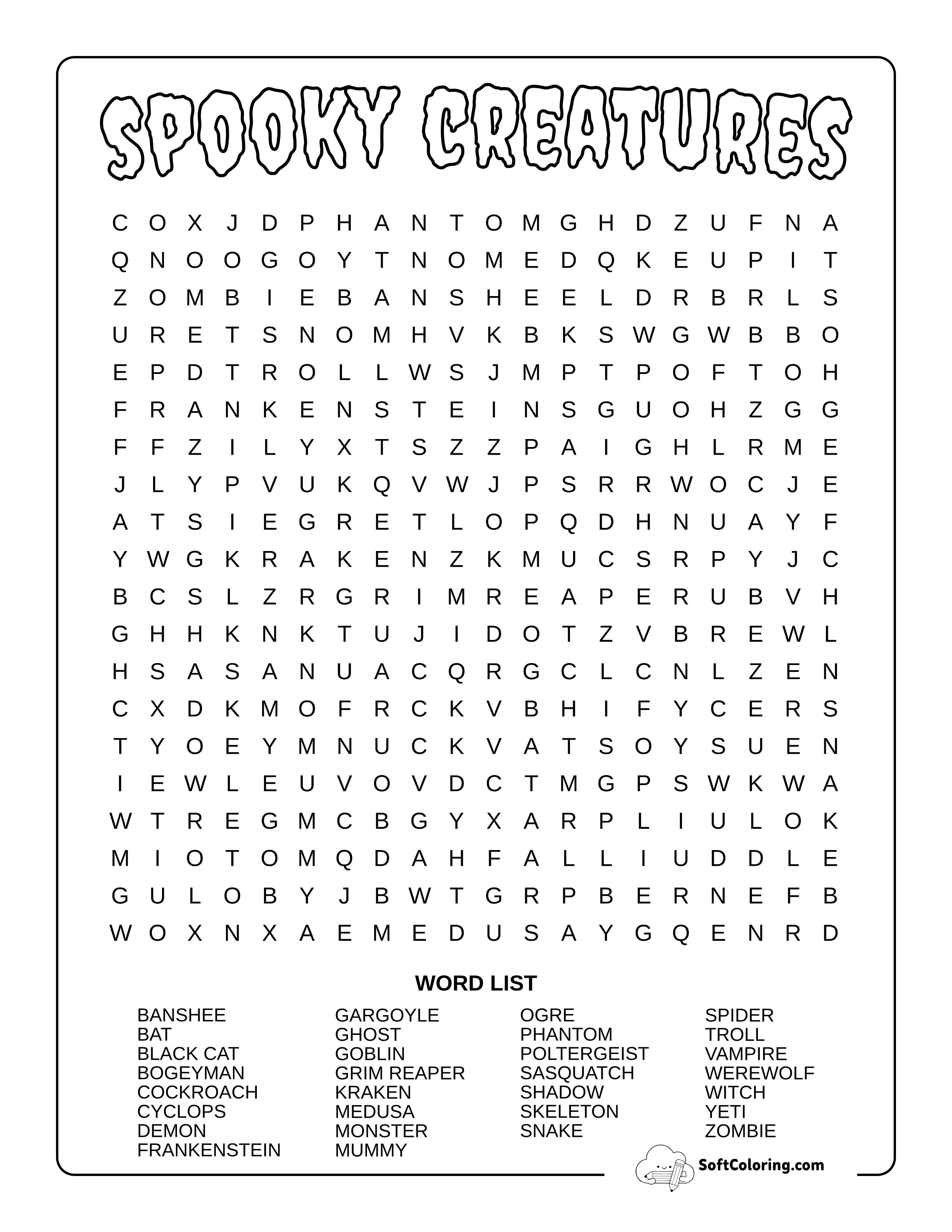 Hard Spooky Creatures Word Search