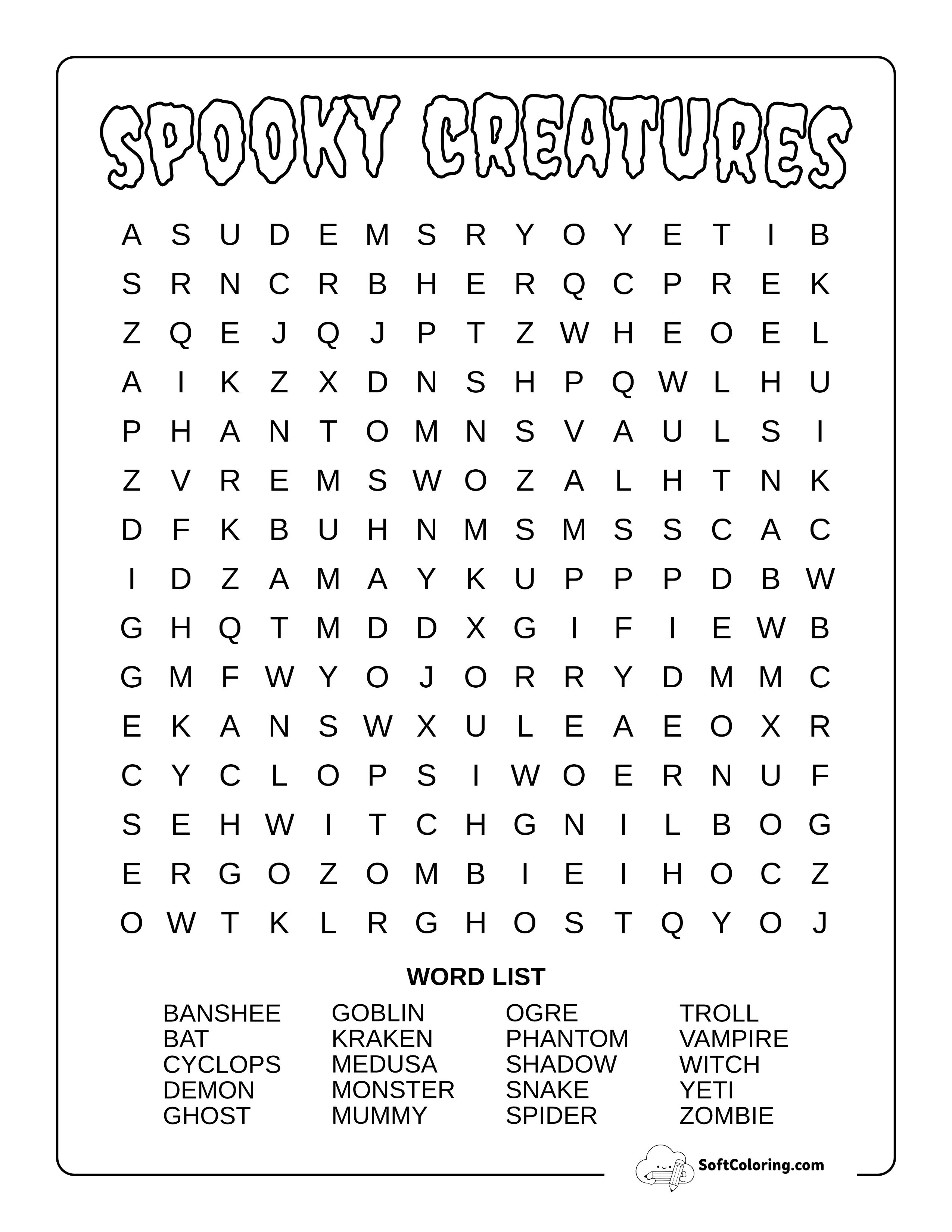 Medium Spooky Creatures Word Search
