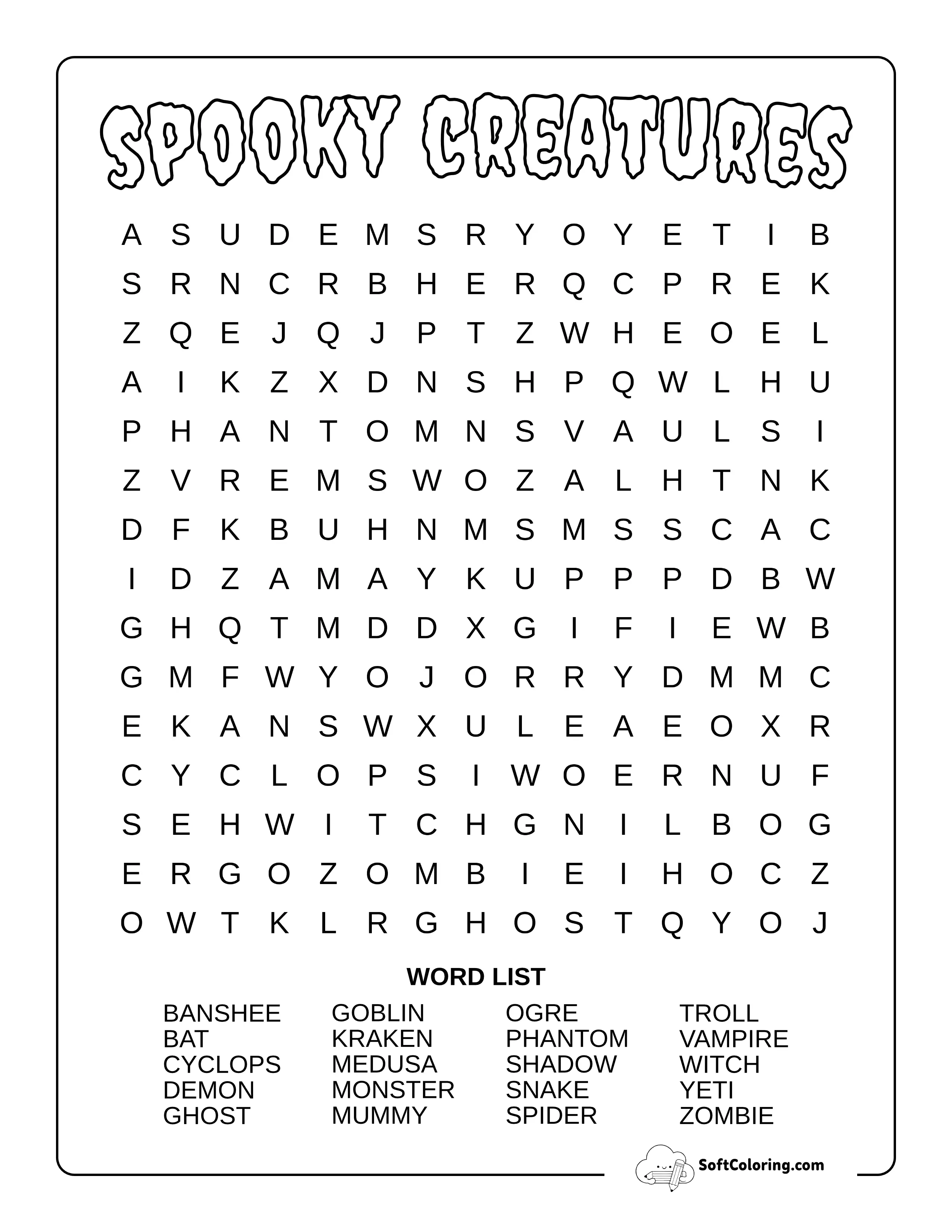 Medium Spooky Creatures Word Search