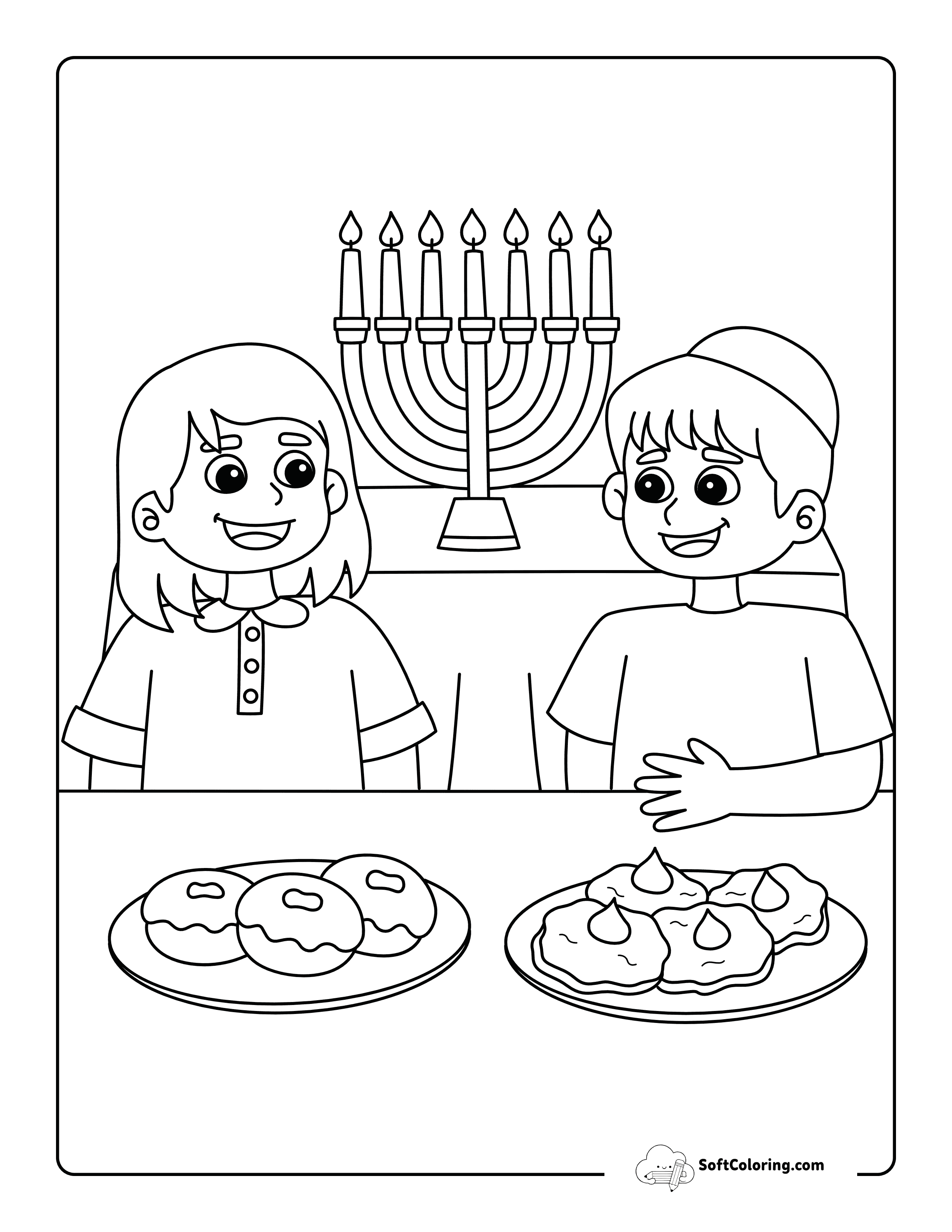 Boy And Girl Hanukkah Feast Coloring Page