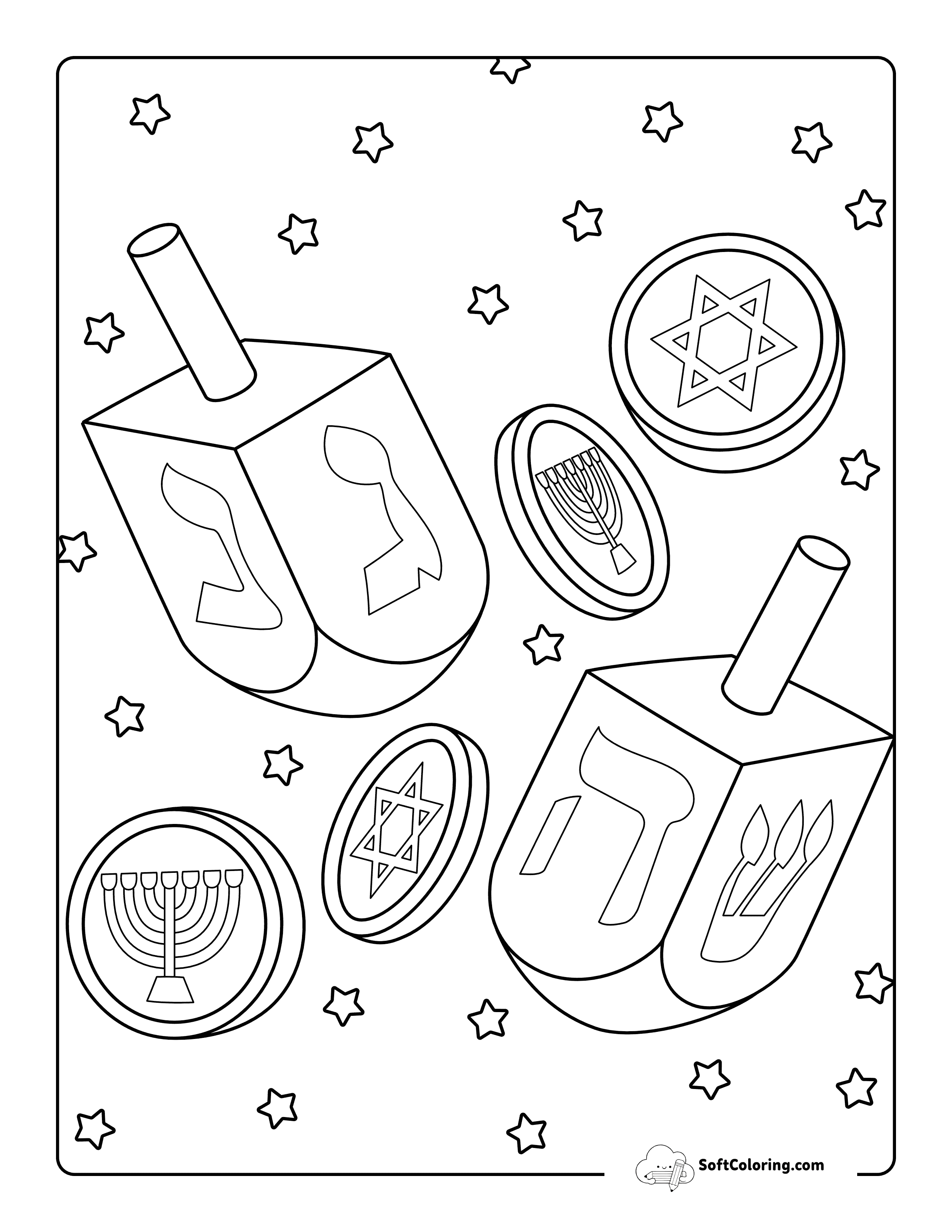 Dreidel Coloring Page With Coins - Chanukah Coloring Pages