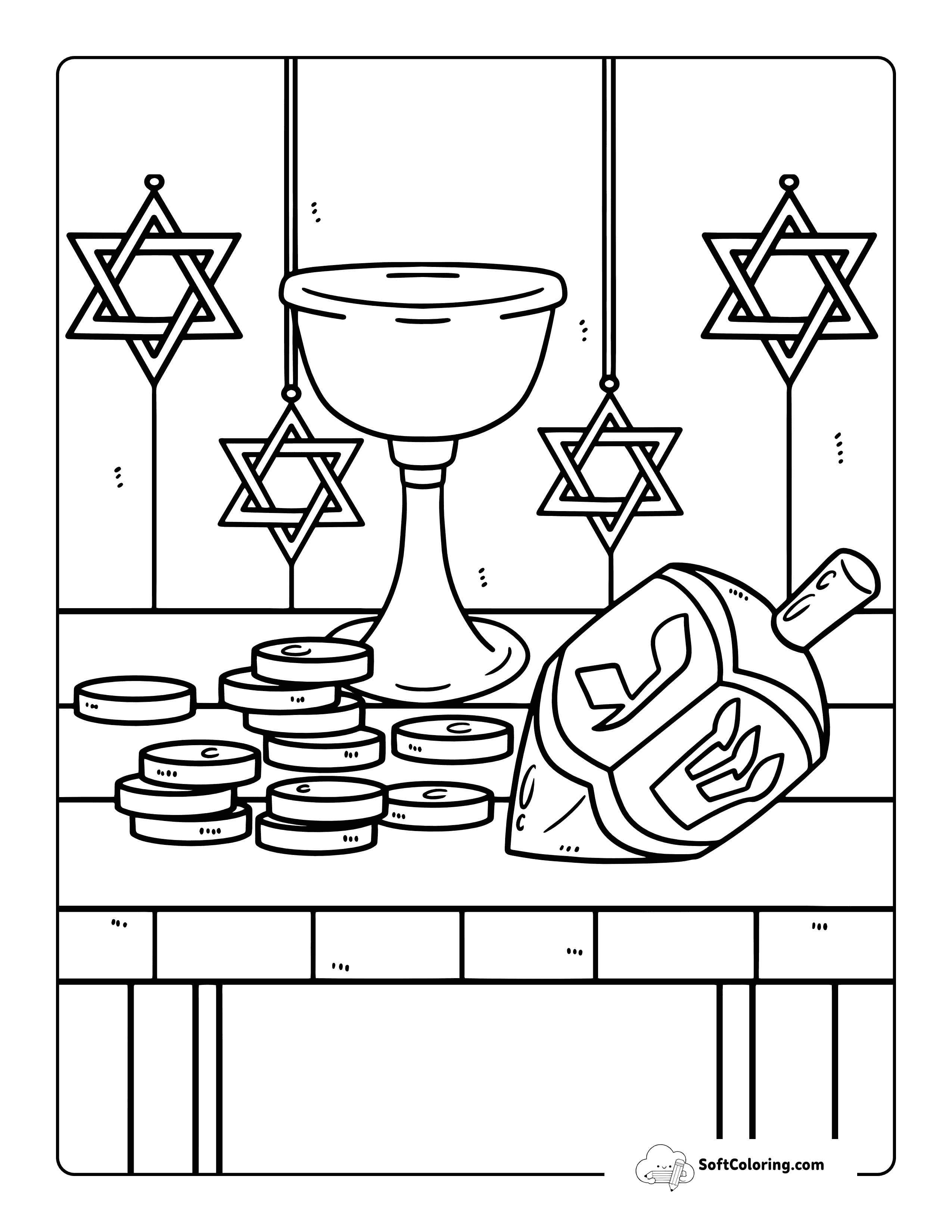 Hanukkah Dreidel Coloring Page With Coins And Chalice