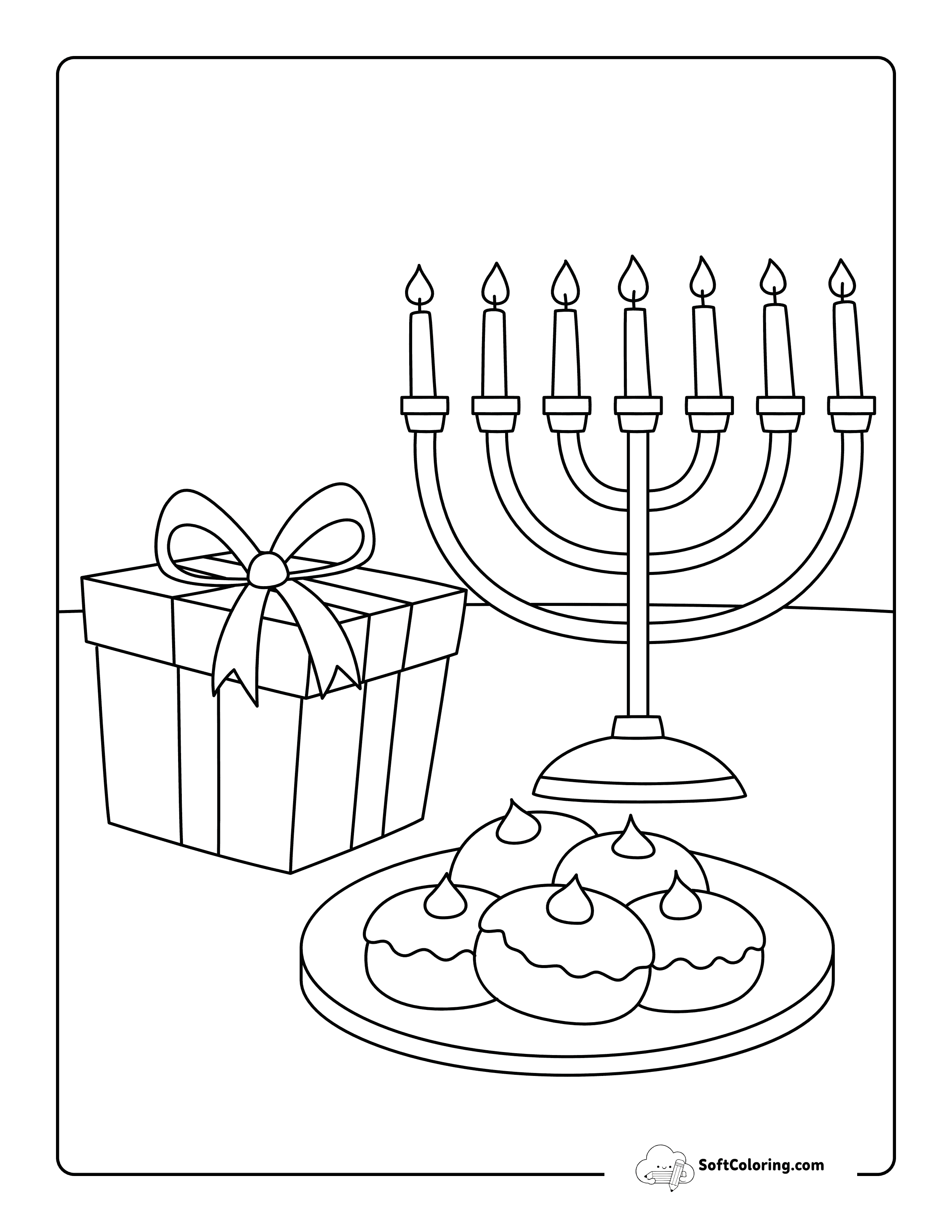 Hanukkah Menorah And Sufganiyah Coloring Page