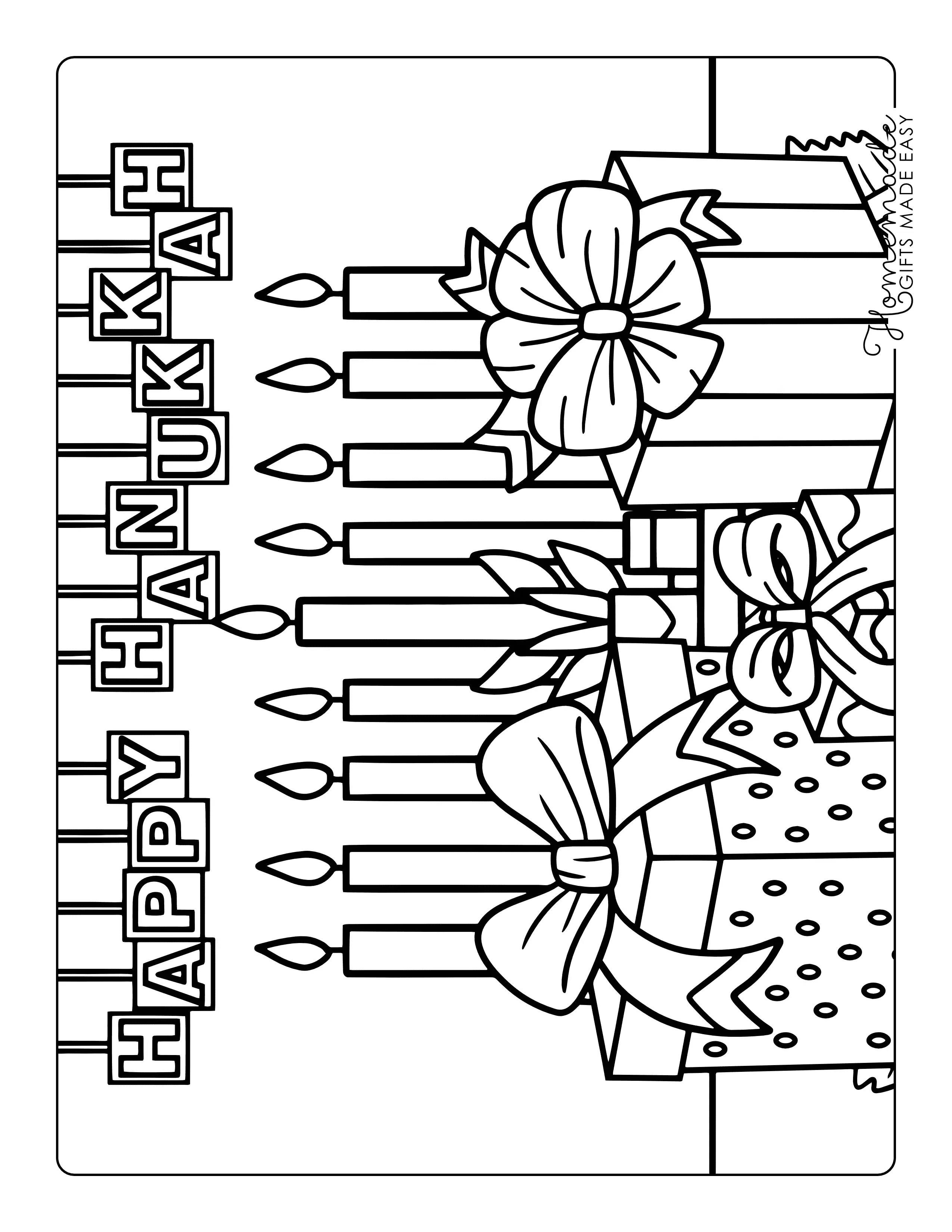 Hanukkah Presents & Menorah - Happy Hanukkah Coloring Page