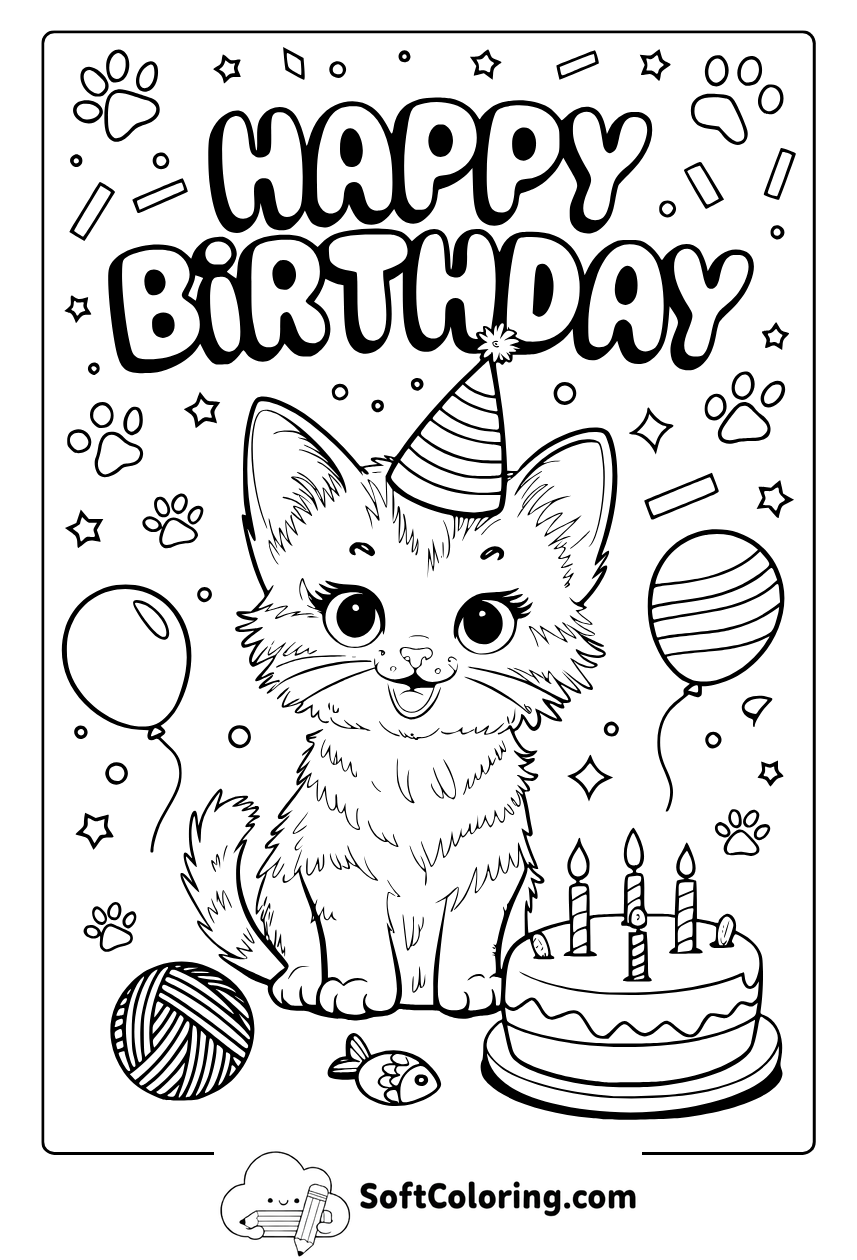 happy birthday cat coloring page