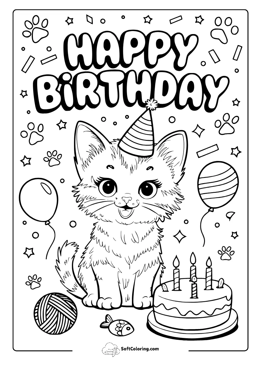 Happy Birthday Cat Coloring Page