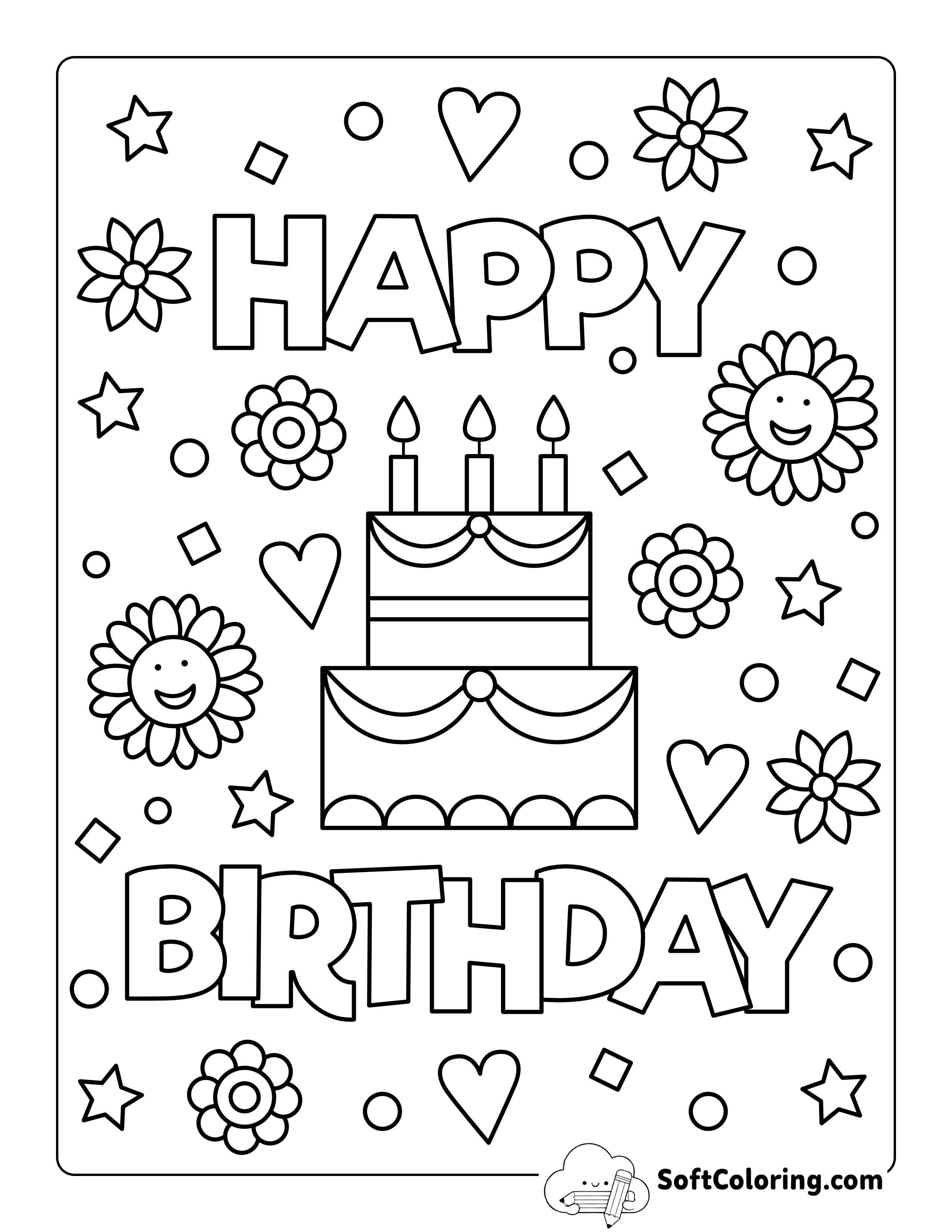 "Happy Birthday" Cake Coloring Page for Kids