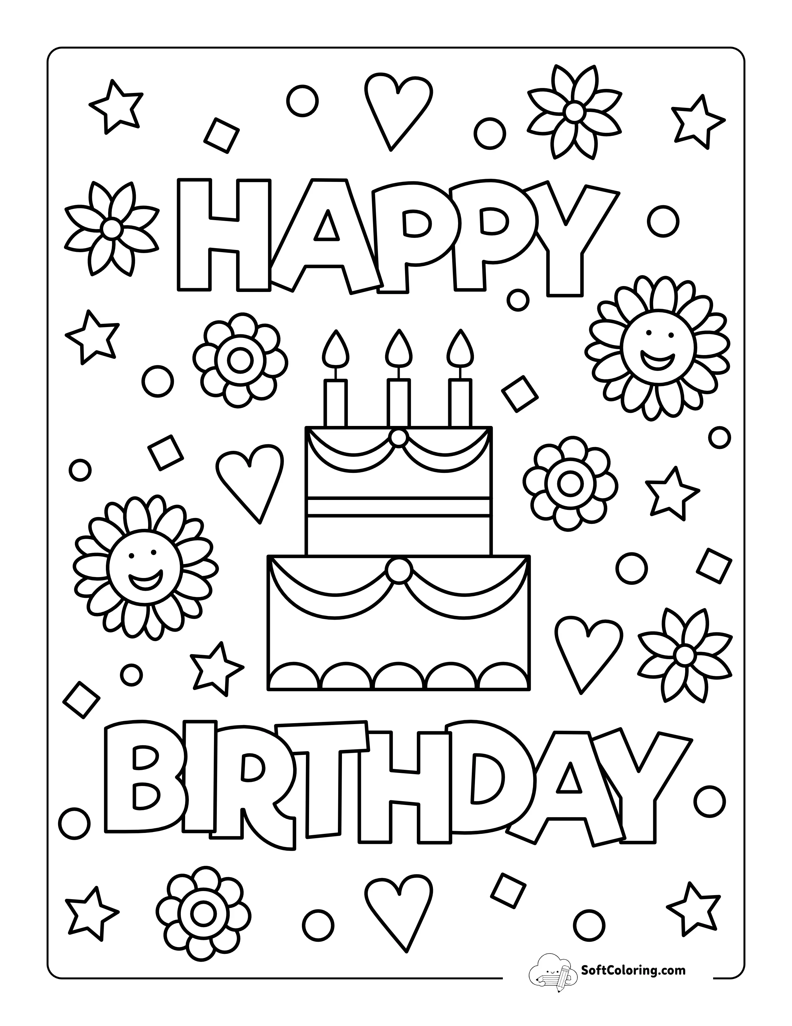 "Happy Birthday" Cake Coloring Page For Kids