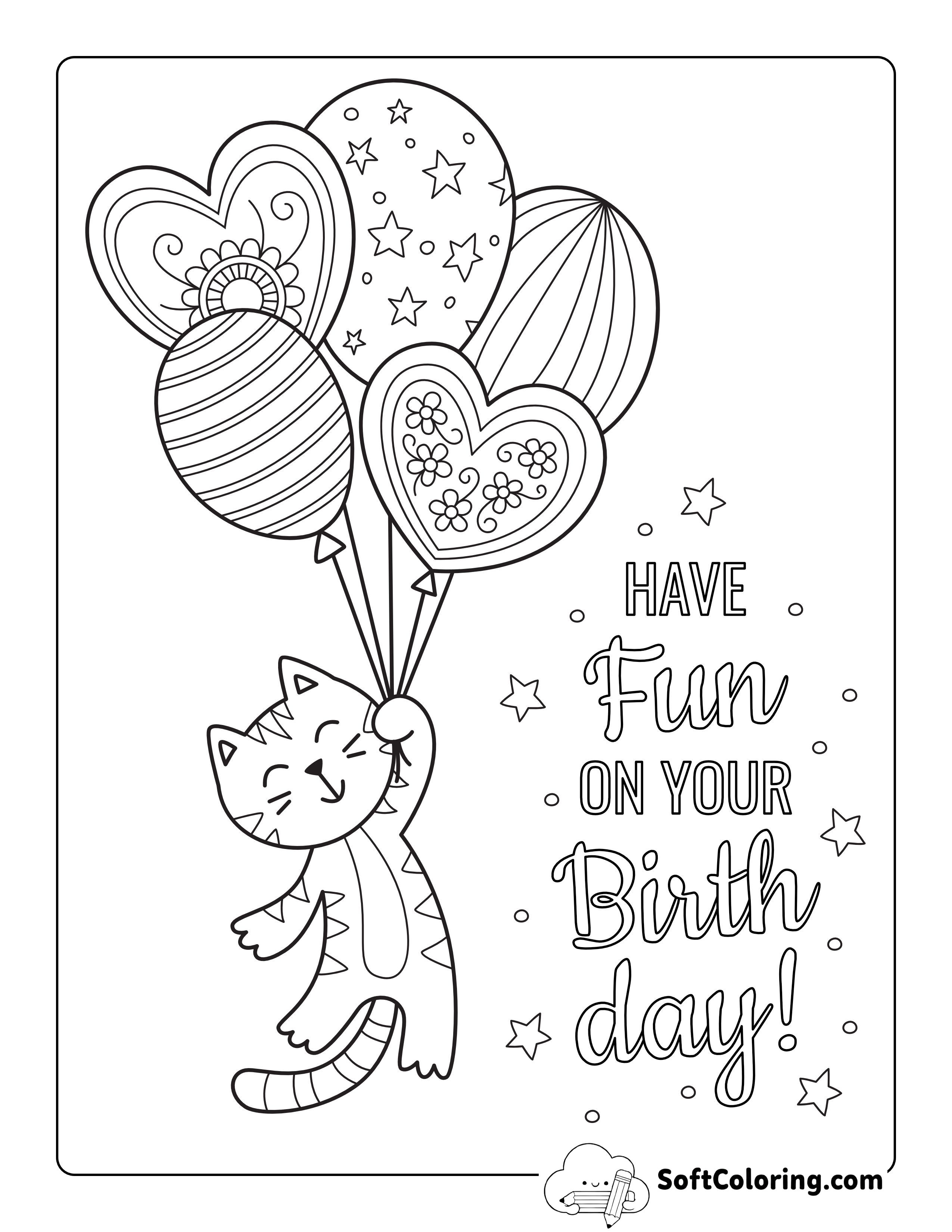 Cute Cat with Balloons Coloring Page