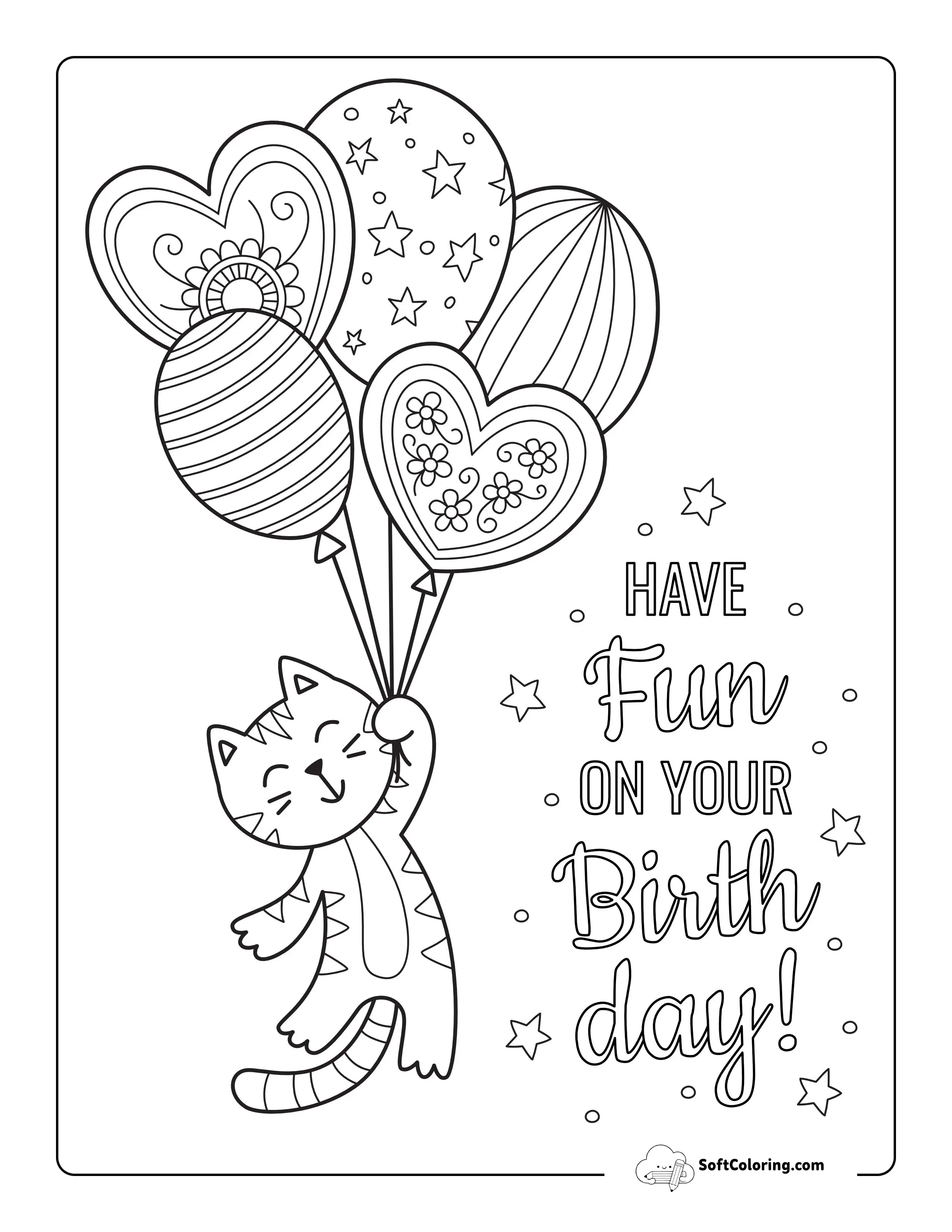 Cute Striped Kitty With Balloons Coloring Page